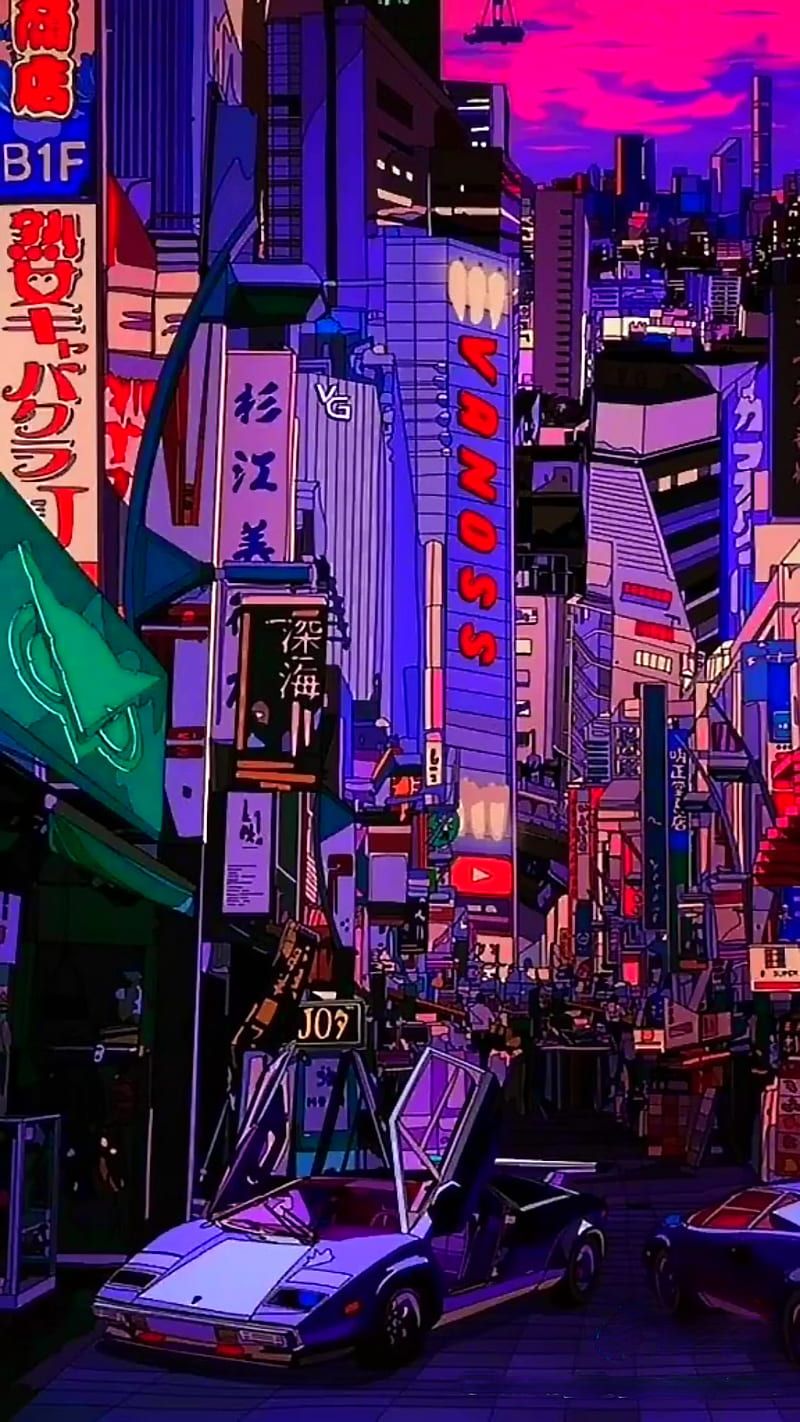 Tokio, Neonschilder, Sportwagen, Nacht, Cyberpunk, Pink, HD, Handy-Hintergrundbild