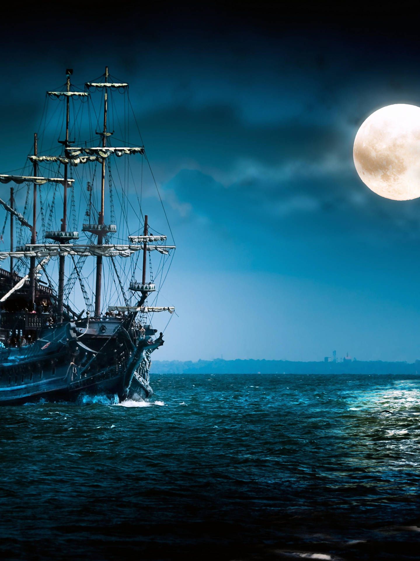 Segelschiff, Vollmond, Nacht, Meer, Dunkel, Hintergrundbild für iPad und Tablet