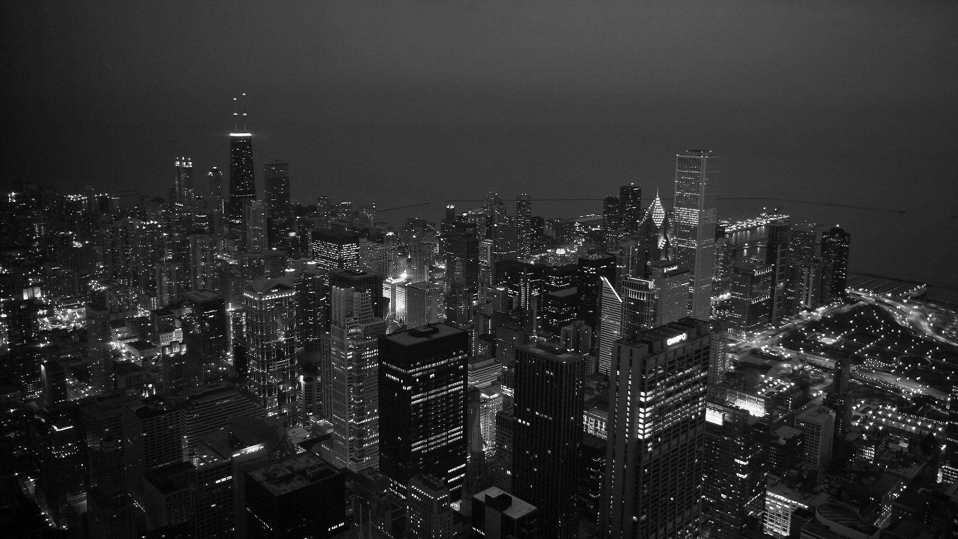 Schwarz-Weiß, Stadtpanorama, Nacht, Wolkenkratzer, Luftaufnahme, Full HD, PC-Hintergrundbild