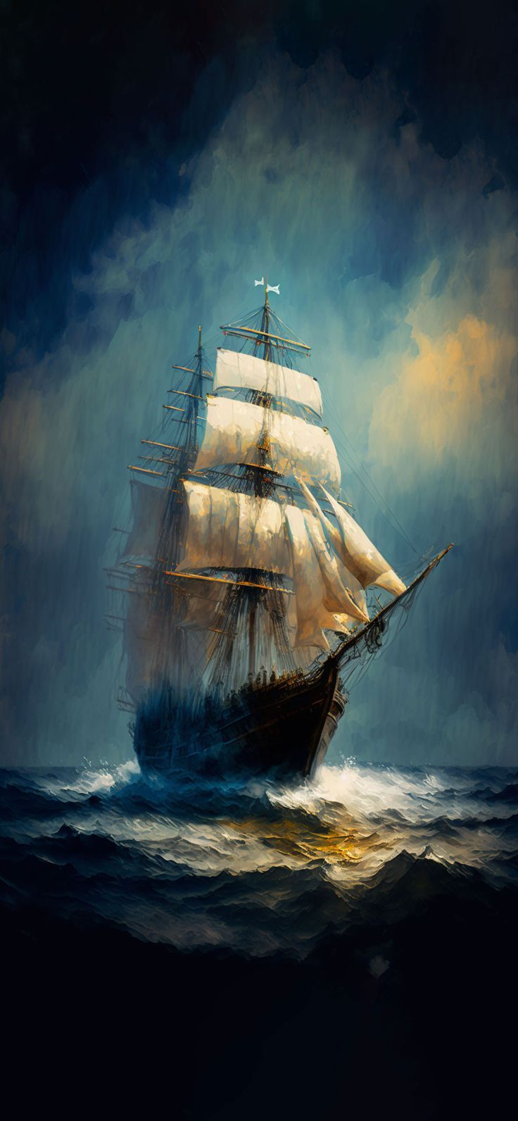 Segelschiff, Ölgemälde, Sturm, Wellen, Dunkel, HD, Handy-Hintergrund im Hochformat