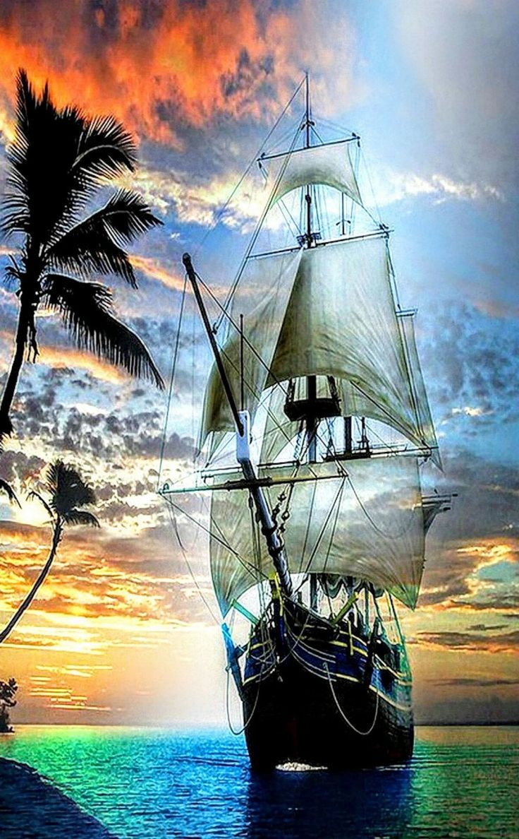 Segelschiff, Palmen, Sonnenuntergang, Bunt, Digitale Kunst, HD, iPhone-Hintergrundbild