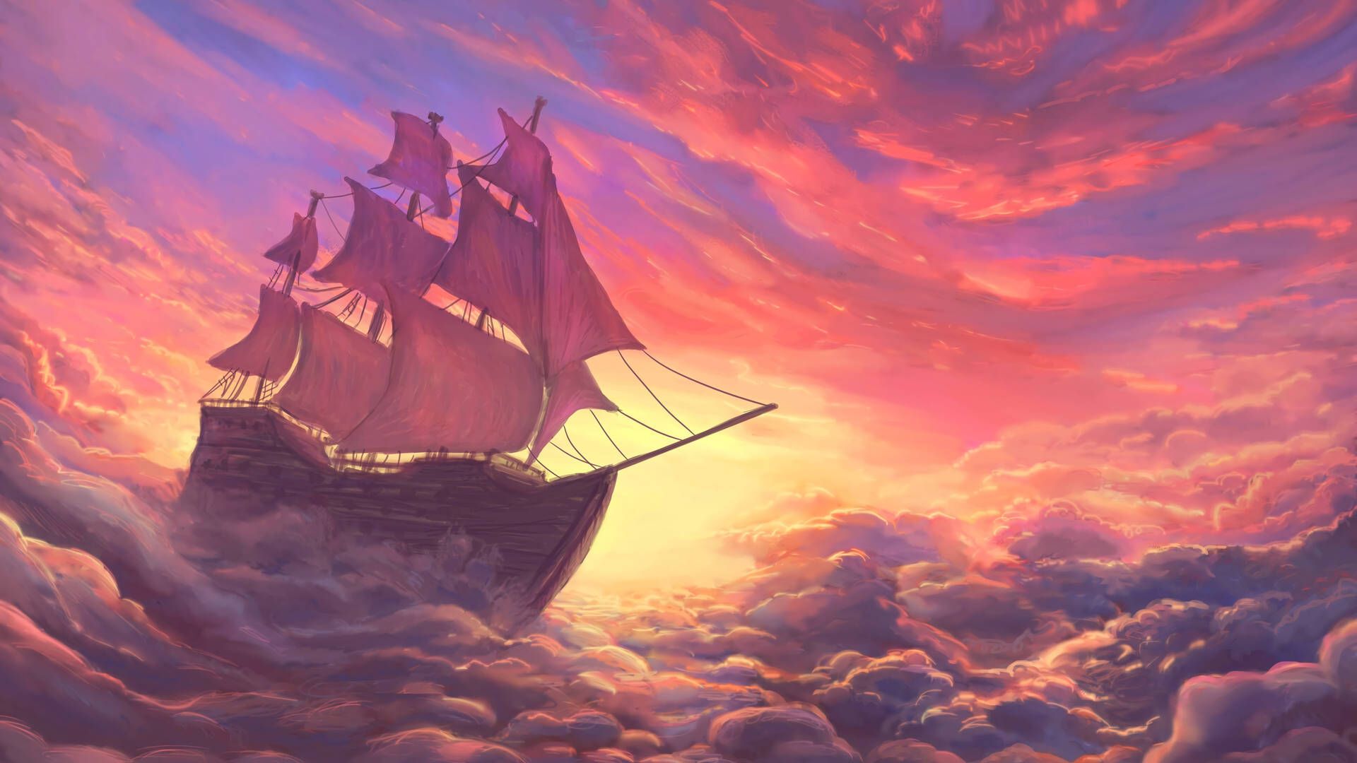 Segelschiff, Wolken, Rote Segel, Fantasy, Rosa Himmel, 16:9, Full-HD-Hintergrundbild für den Desktop