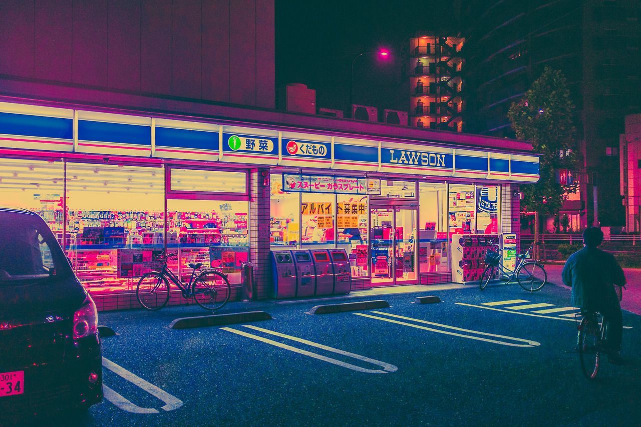 Lawson, Konbini, Nacht, Neonlicht, Parkplatz, Fahrrad, HD, Hintergrund für den Desktop