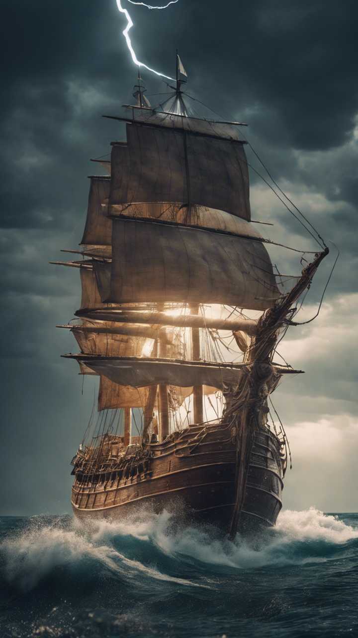 Segelschiff, Blitz, Sturm, Wellen, Dunkel, Hochformat, Hintergrundbild fürs Smartphone
