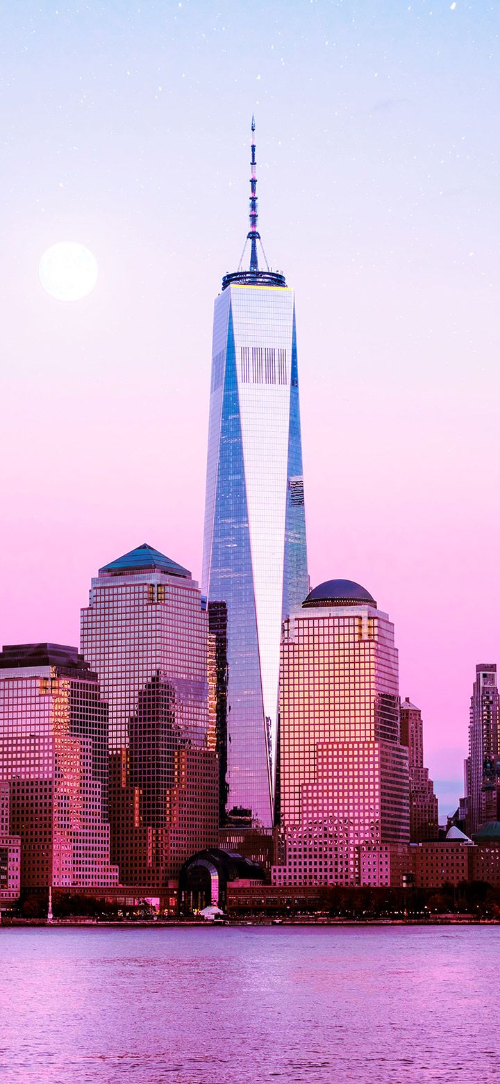 One World Trade Center, New York City, Manhattan, Rosa Himmel, Mond, Fluss, Hintergrundbild fürs Handy
