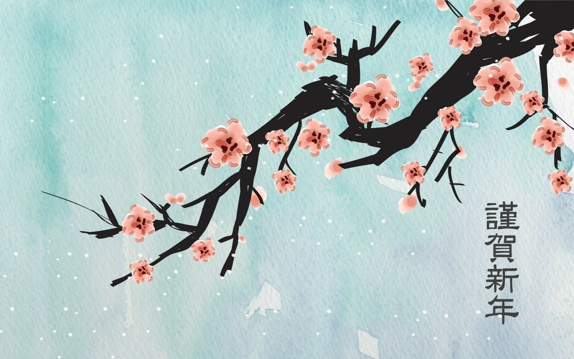 Kirschblütenzweig, Japanische Schriftzeichen, Neujahrsgruß, Aquarell, Mintgrün, Full-HD-Hintergrundbild