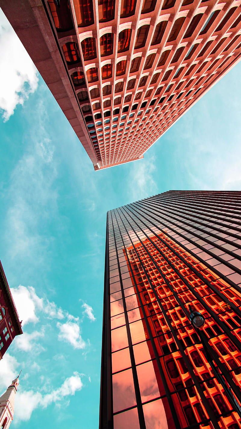 Wolkenkratzer, Froschperspektive, Glasfassade, Blauer Himmel, Architektur, Android-Hintergrundbild