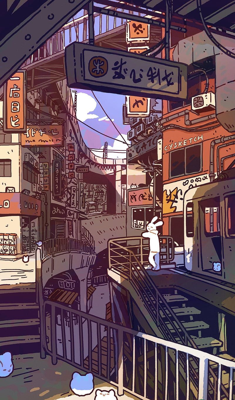 Japanische Gasse, Treppen, Laternen, Illustration, Anime-Stil, HD, iPhone-Hintergrundbild