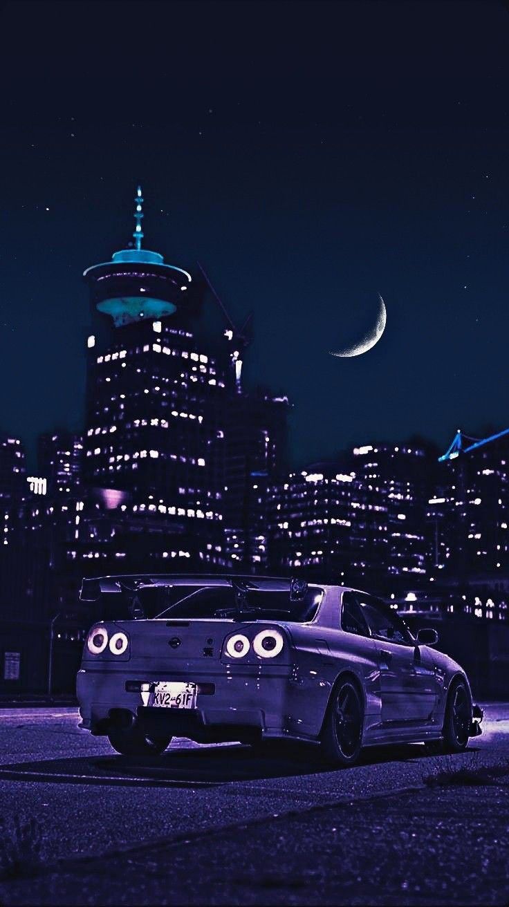 Sportwagen, Wolkenkratzer, Mondsichel, Nacht, Illustration, HD, iPhone-Hintergrundbild