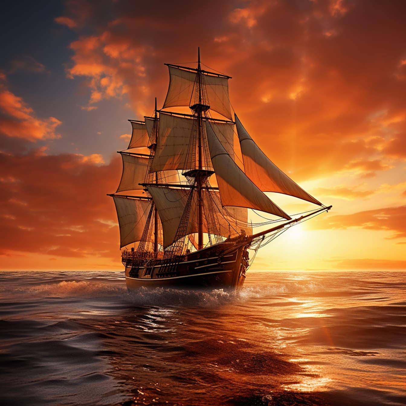 Segelschiff, Sonnenuntergang, Orange, Meer, Digitale Kunst, Hintergrundbild fürs Tablet