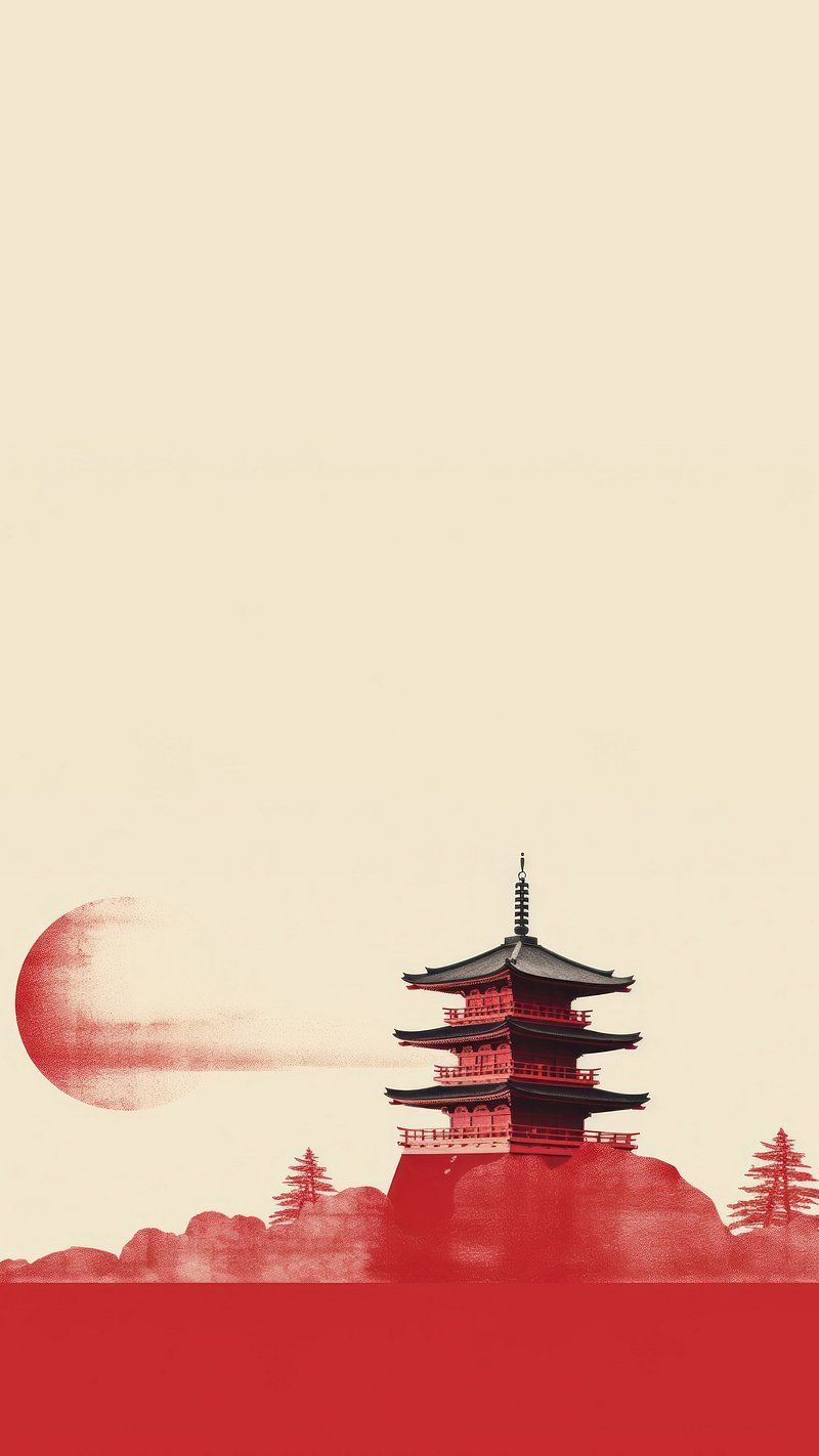 Pagode, Rote Sonne, Minimalistisch, Beige, Silhouette, Hochformat, Hintergrundbild fürs Smartphone