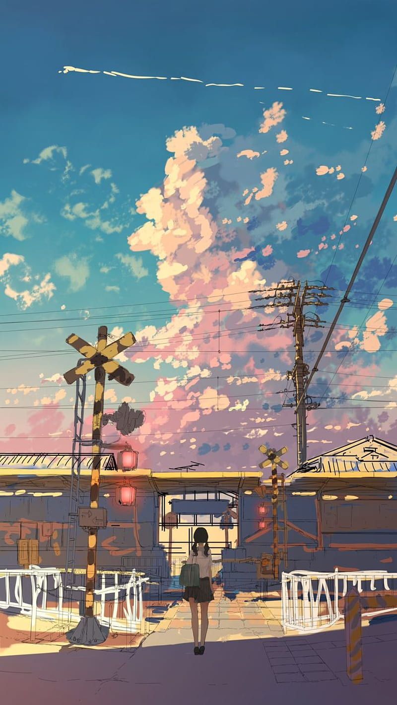 Bahnübergang, Wolken, Anime-Stil, Sommer, Strommasten, Hintergrundbild für iPhone und Android