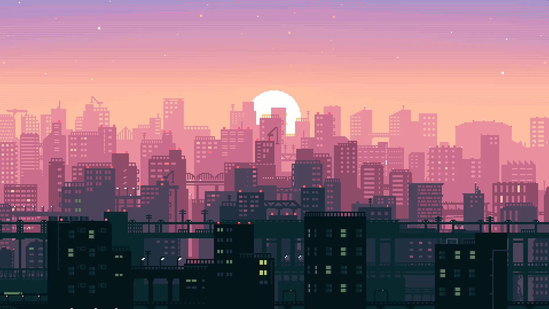 Pixel-Art, Stadtsilhouette, Sonnenuntergang, Rosa Himmel, Retro, Full HD, Breitbild-Hintergrundbild