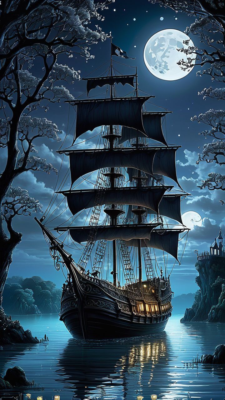 Piratenschiff, Vollmond, Nacht, Blau, Fantasy, Hintergrundbild für iPhone und Android