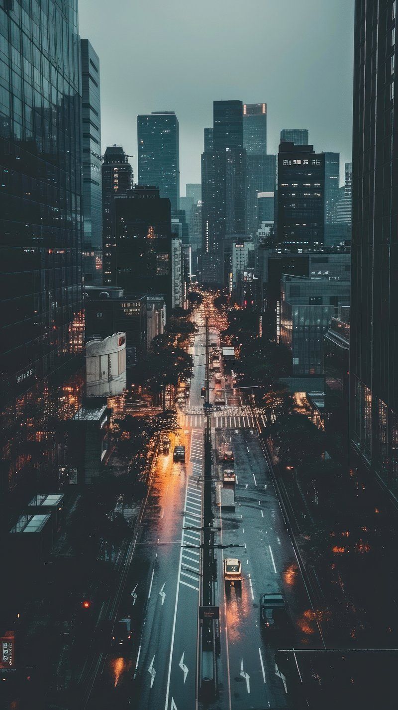 Straßenschlucht, Luftaufnahme, Hochhäuser, Straße, Abend, HD, iPhone-Hintergrundbild
