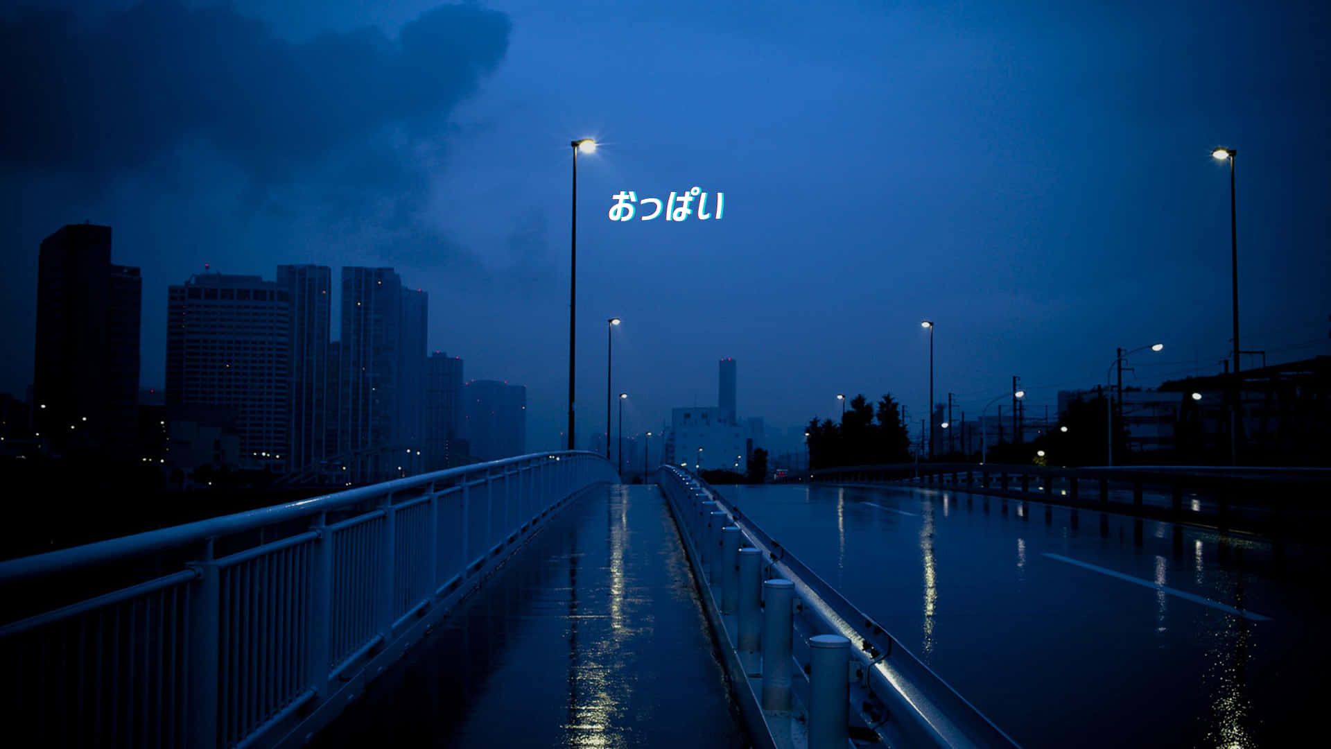 Stadt, Brücke, Nacht, Regen, Japanischer Text, Dunkelblau, Full HD, Desktop-Hintergrund
