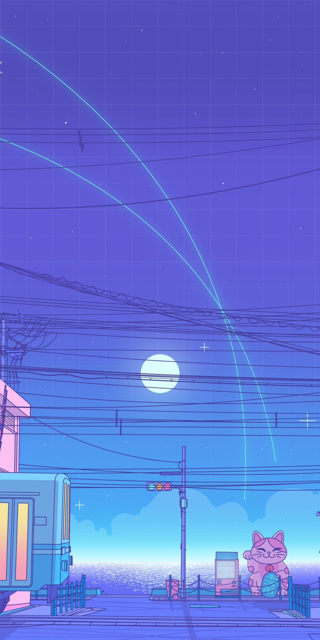 Vollmond, Lila, Lichtstreifen, Stromleitungen, Illustration, Nacht, Full HD, Handy-Hintergrund
