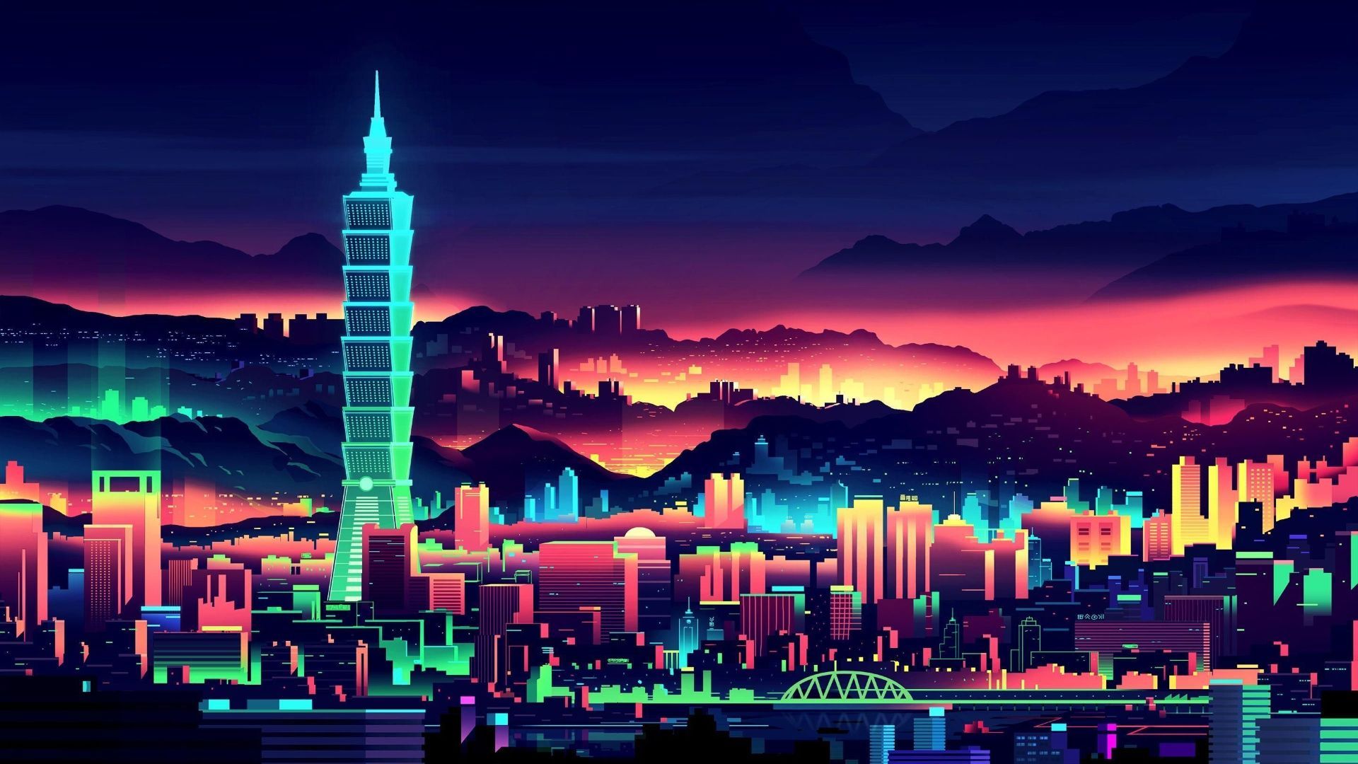 Taipei 101, Taipeh, Taiwan, Digitale Kunst, Neonfarben, Berge, Full HD, Laptop-Hintergrundbild