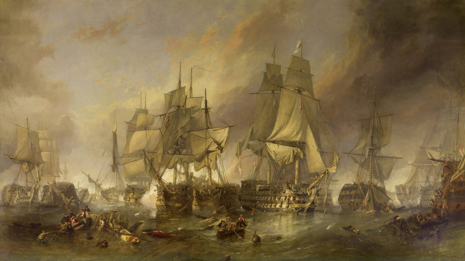 Seeschlacht, Kriegsschiffe, Ölgemälde, Pulverdampf, Historisch, Full-HD-Hintergrundbild für PC
