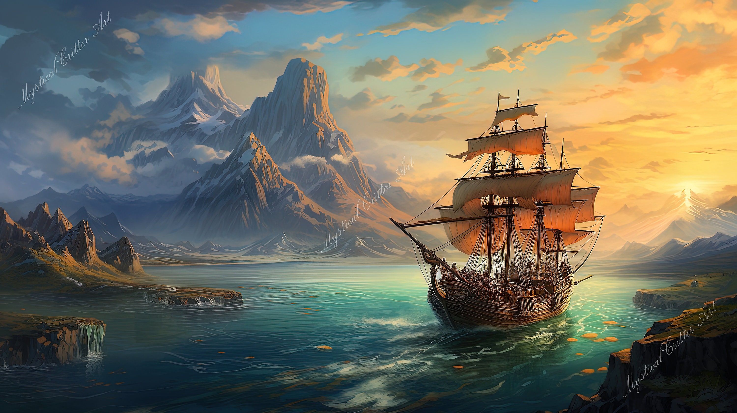 Segelschiff, Berge, Bucht, Fantasy, Goldenes Licht, 2K, Hintergrund für den Desktop