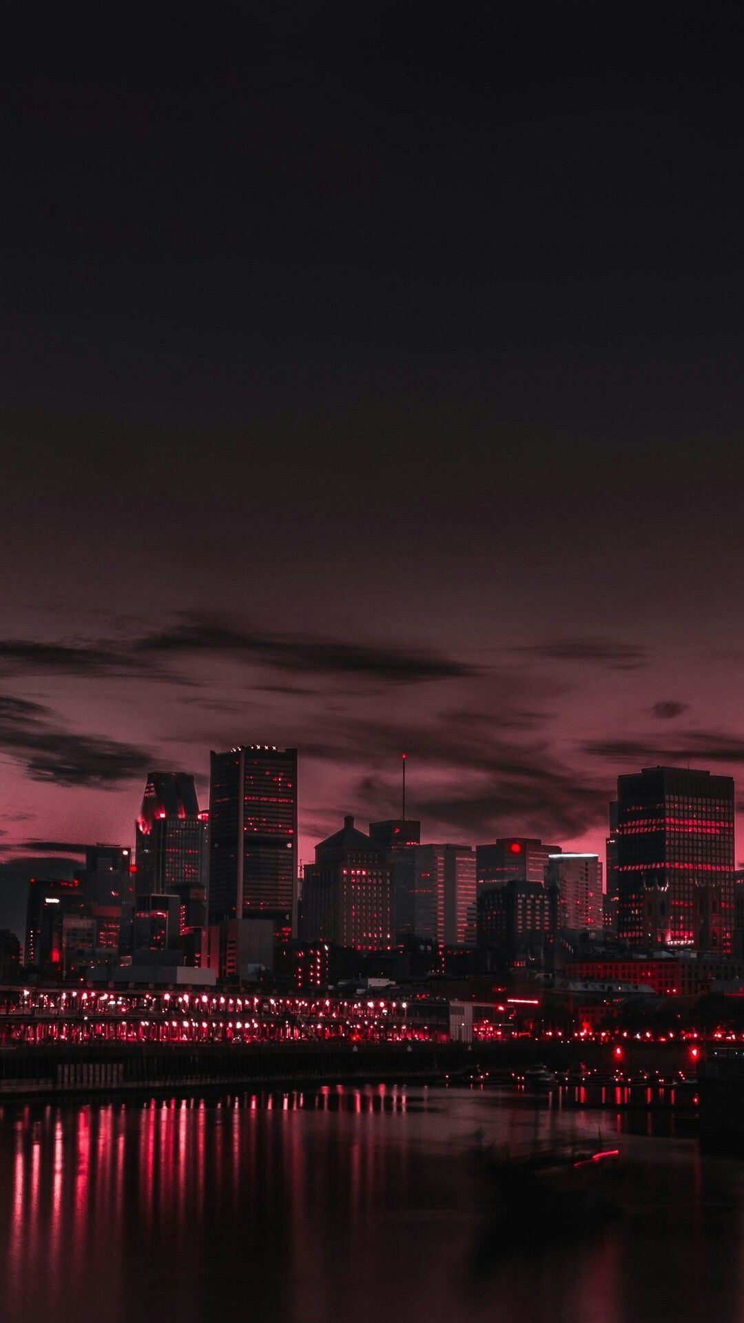 Stadtsilhouette, Roter Himmel, Wasserspiegelung, Nacht, Dunkle Stimmung, Full HD, Handy-Hintergrundbild