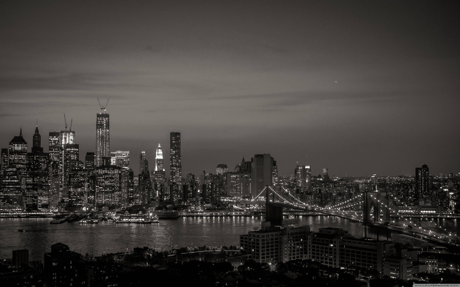 Brooklyn Bridge, Manhattan, New York City, Schwarz-Weiß, Nacht, East River, Full HD, MacBook-Hintergrundbild