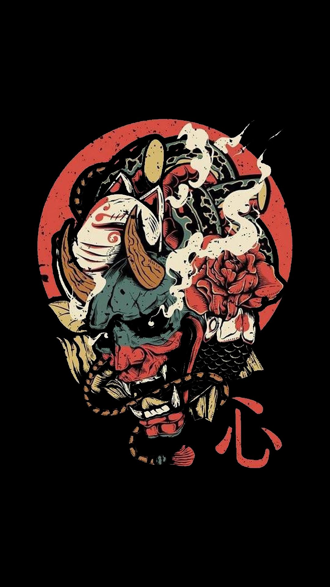Oni-Maske, Kanji, Rote Sonne, Schwarzer Hintergrund, Illustration, Sperrbildschirm fürs iPhone