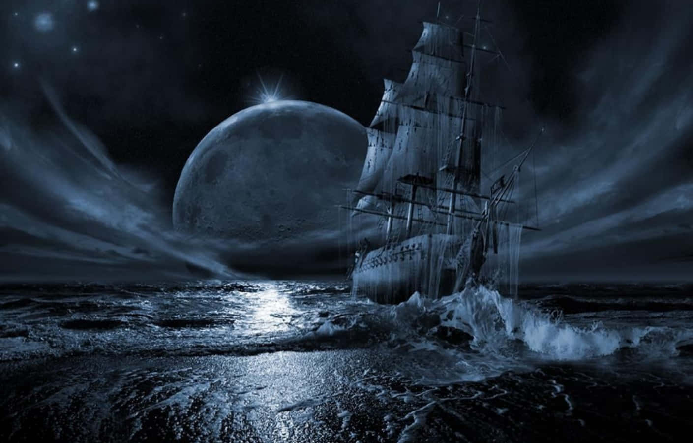 Segelschiff, Mond, Fantasy, Wellen, Schwarz-Weiß, HD, Hintergrundbild für den PC