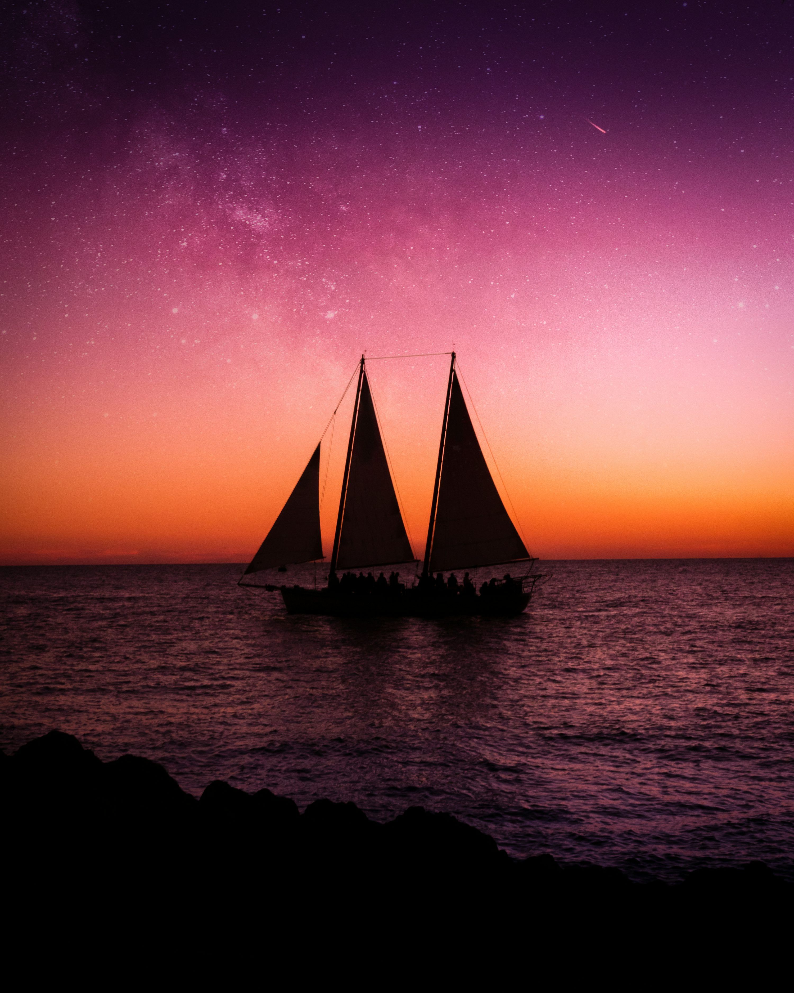 Segelschiff, Silhouette, Abendrot, Sternenhimmel, Minimalistisch, Hintergrundbild fürs iPad