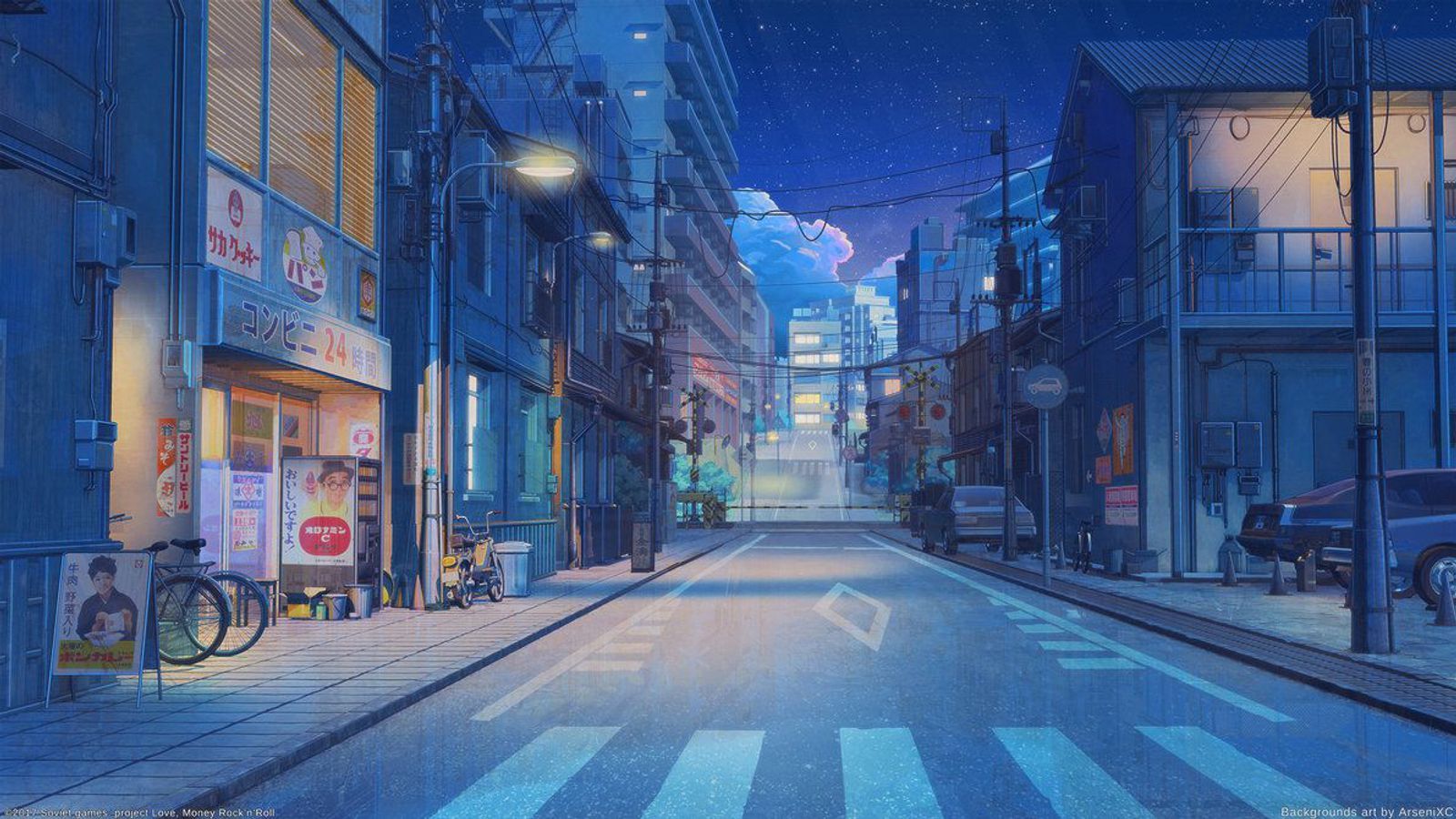 Japanische Straße, Zebrastreifen, Nacht, Anime-Stil, Blau, Getränkeautomat, HD, Breitbild-Hintergrundbild