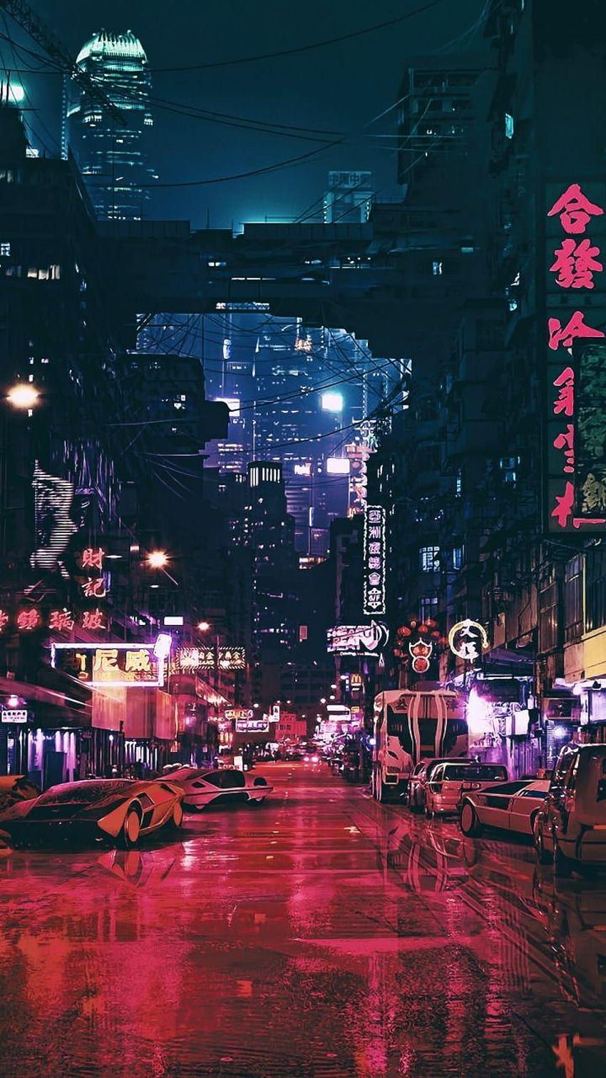 Neonlichter, Straße, Nacht, Regen, Asiatische Stadt, Cyberpunk, Hintergrundbild fürs Handy