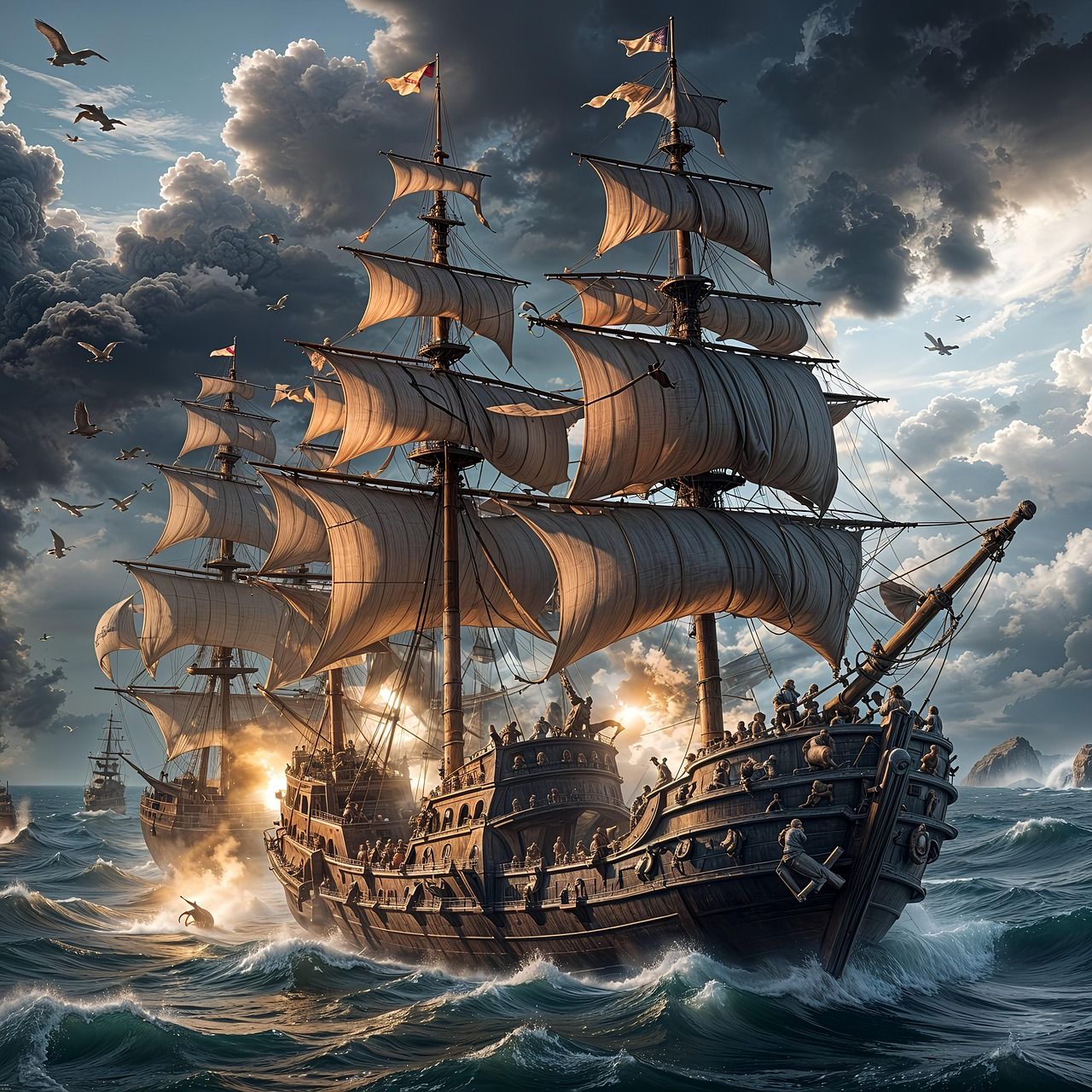 Piratenschiff, Seeschlacht, Kanonenfeuer, Gewitterwolken, Digitale Kunst, HD, iPad-Hintergrundbild
