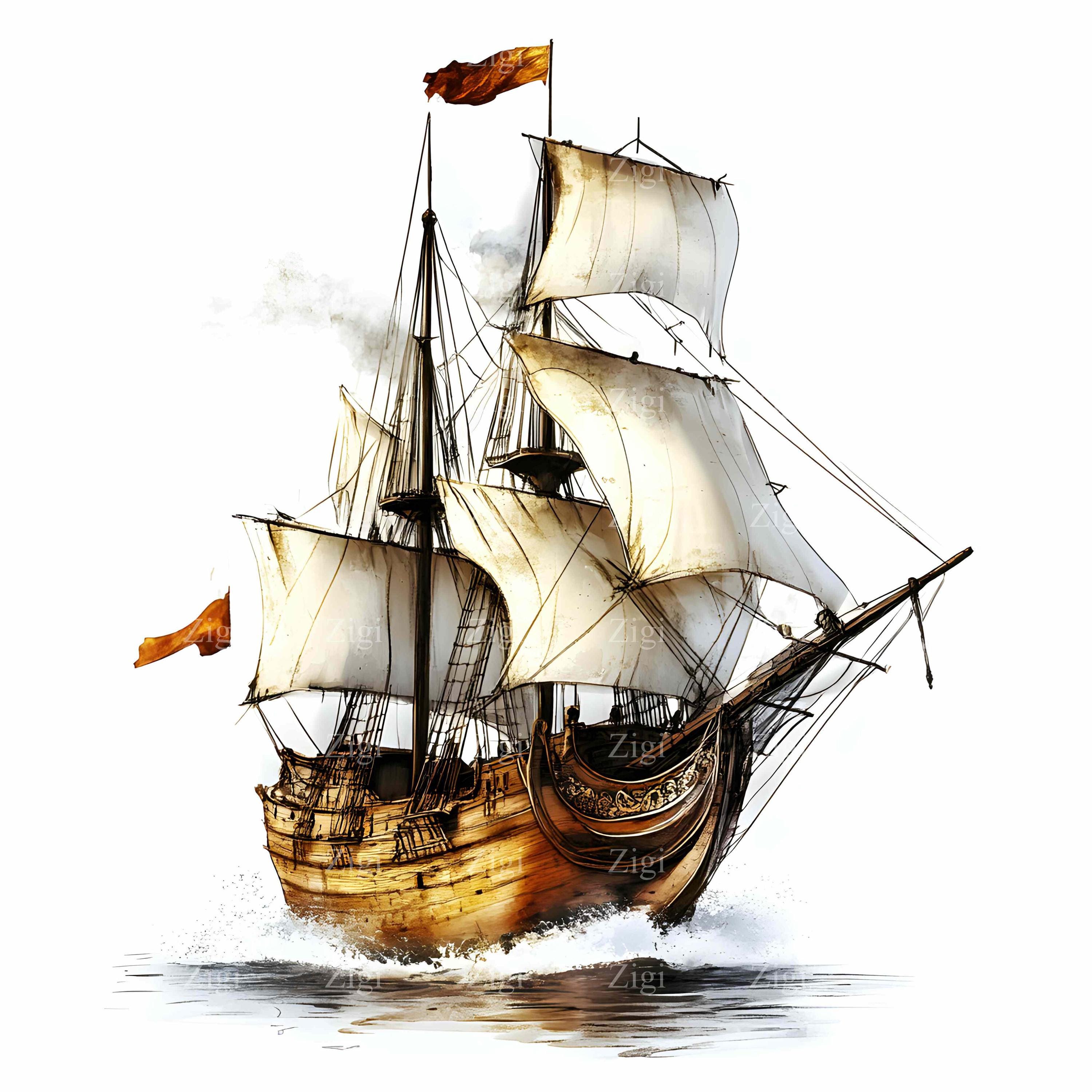 Galeone, Weiße Segel, Weißer Hintergrund, Illustration, Flaggen, 2K Wallpaper