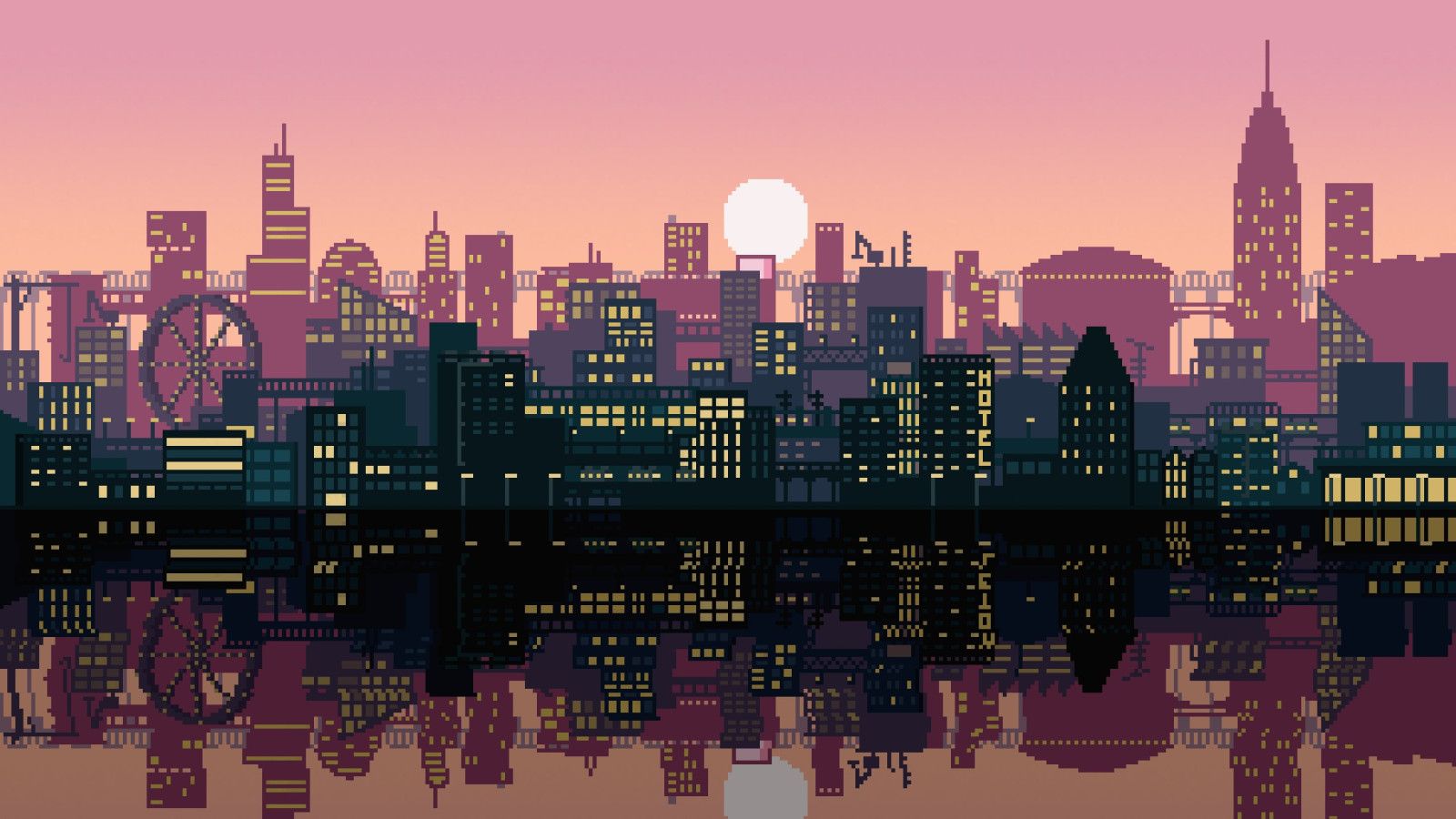Pixel-Art, Stadtsilhouette, Riesenrad, Wasserspiegelung, Rosa Himmel, Sonne, HD Wallpaper