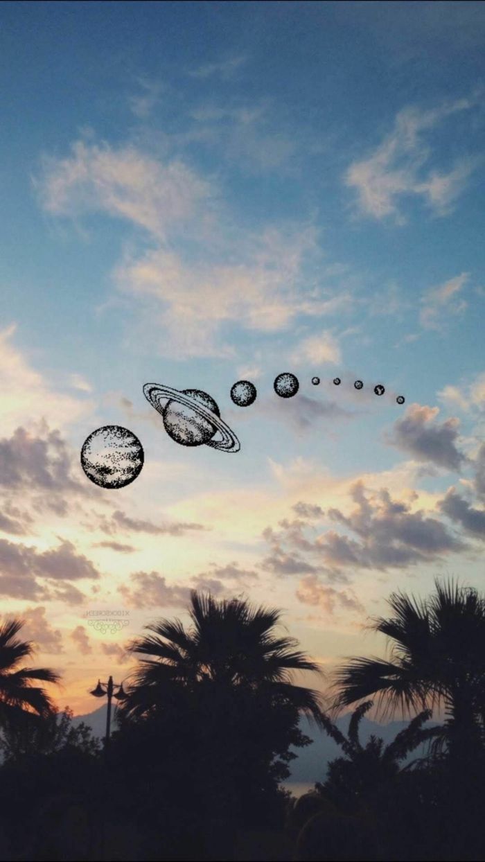 Planeten, Palmen, Abendhimmel, Silhouette, Wolken, Hochformat, Hintergrundbild fürs Smartphone