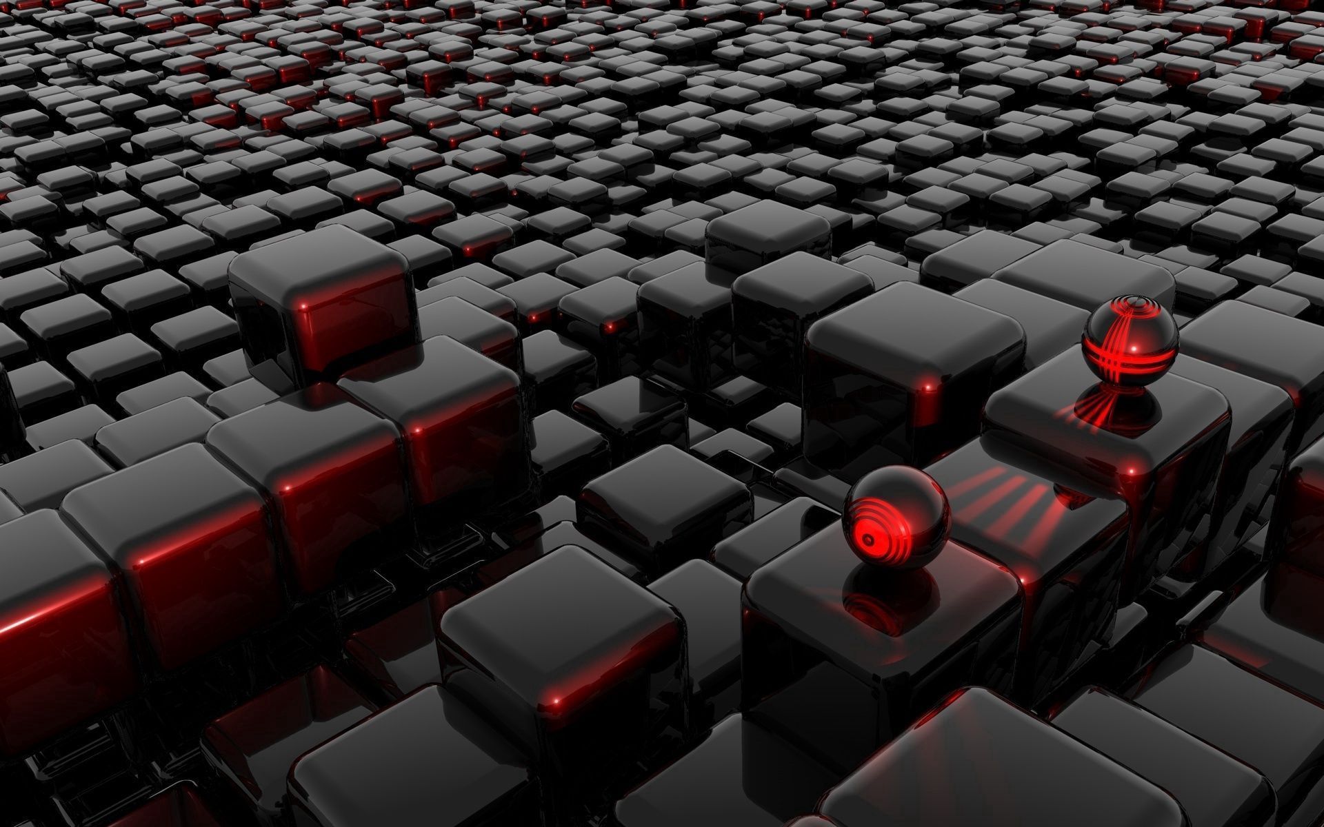 Schwarze Würfel, Rote Kugeln, 3D-Rendering, Spiegelung, Dunkel, Full HD, Breitbild-Hintergrundbild