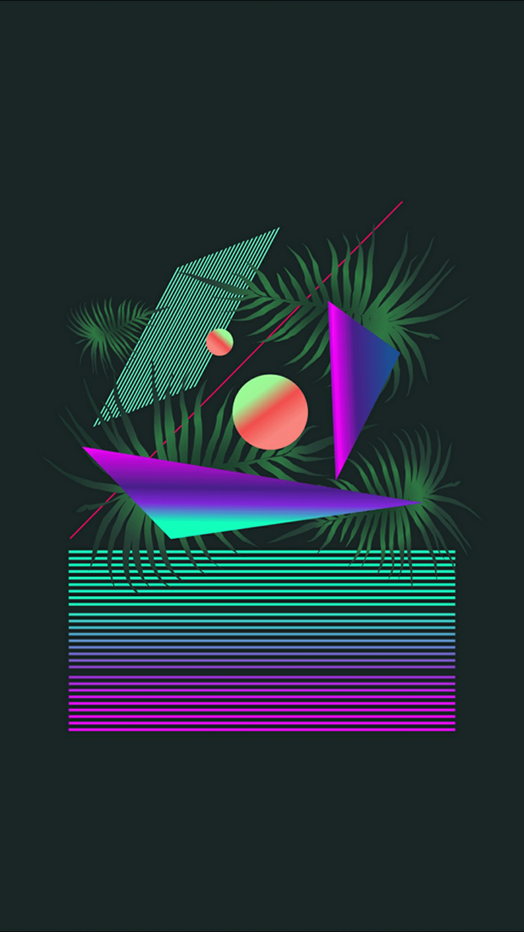 Retrowave, Palmblätter, Sonne, Geometrisch, Dunkelgrün, Full HD, Hintergrundbild fürs Handy