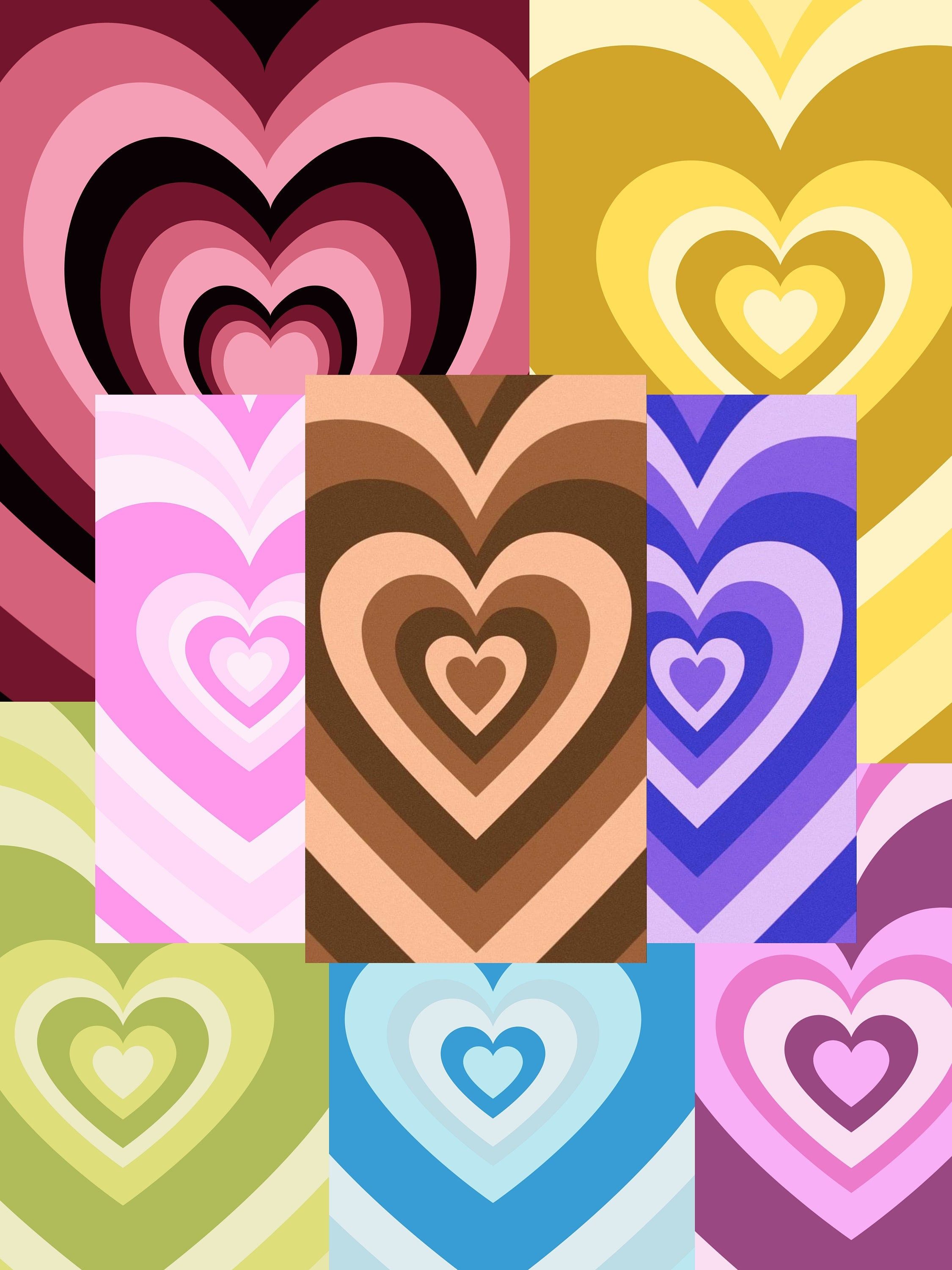 Collage, Konzentrische Herzen, Bunte Farben, Pastelltöne, Retro-Muster, Hintergrundbild fürs iPad