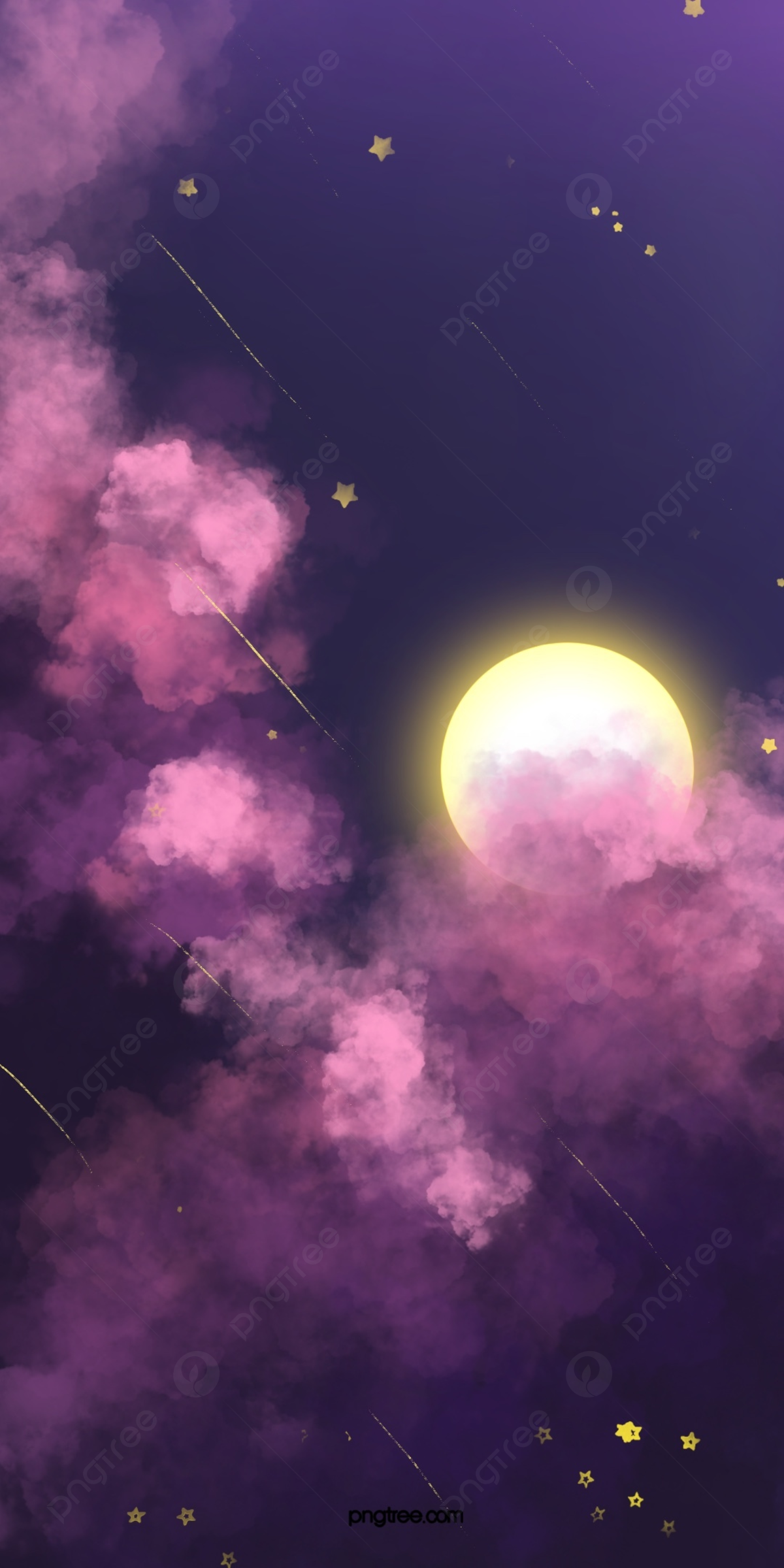 Mond, Lila Wolken, Nachthimmel, Illustration, Sterne, Full HD, Hintergrundbild fürs Handy