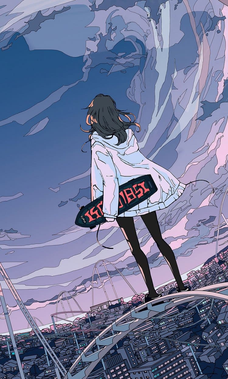 Anime-Mädchen, Stadt, Wolken, Illustration, Blau-Lila, HD, Sperrbildschirm fürs iPhone