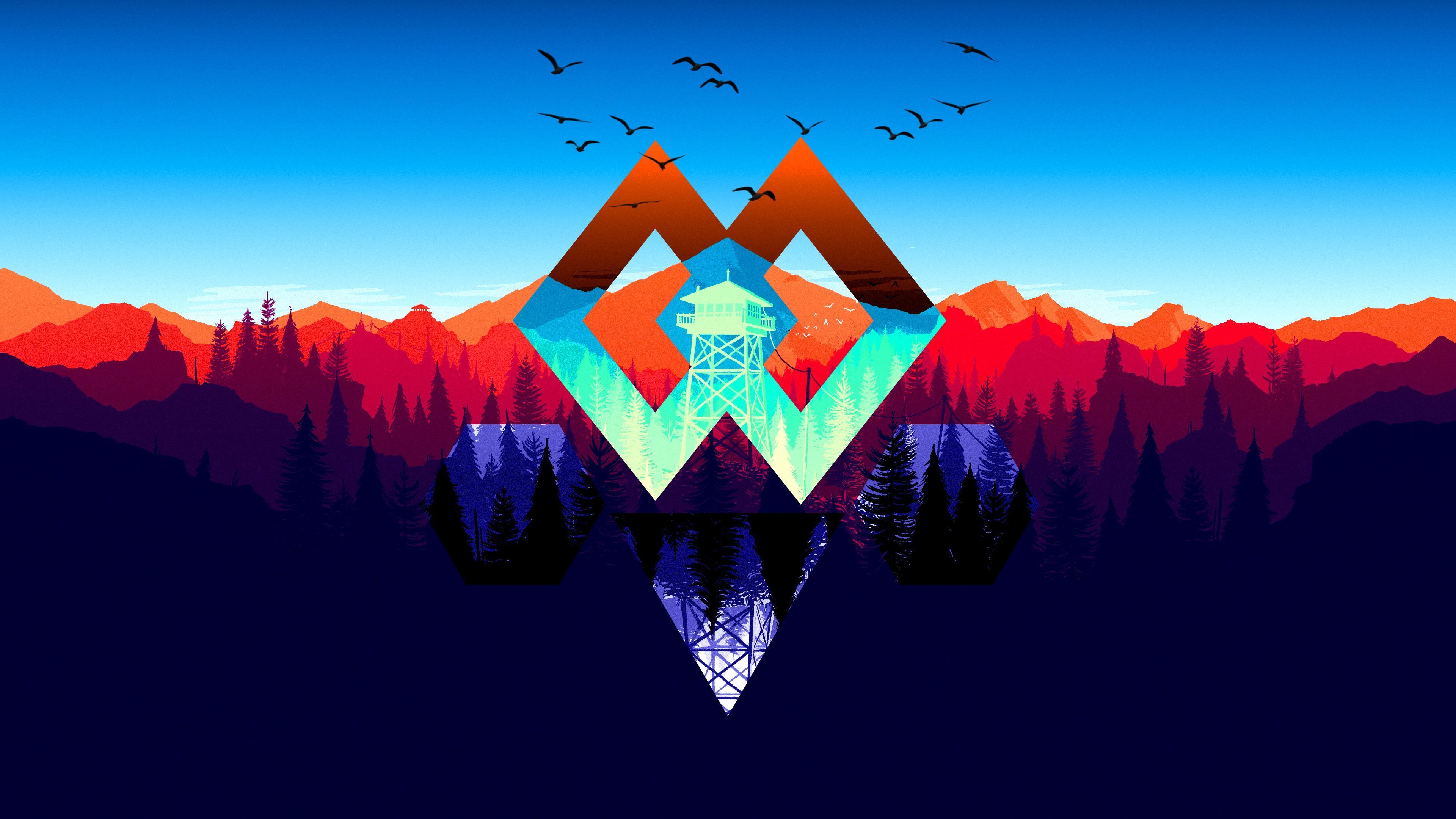 Geometrisches Logo, Berge, Wald, Sonnenuntergang, Flache Illustration, 4K, Laptop-Hintergrundbild
