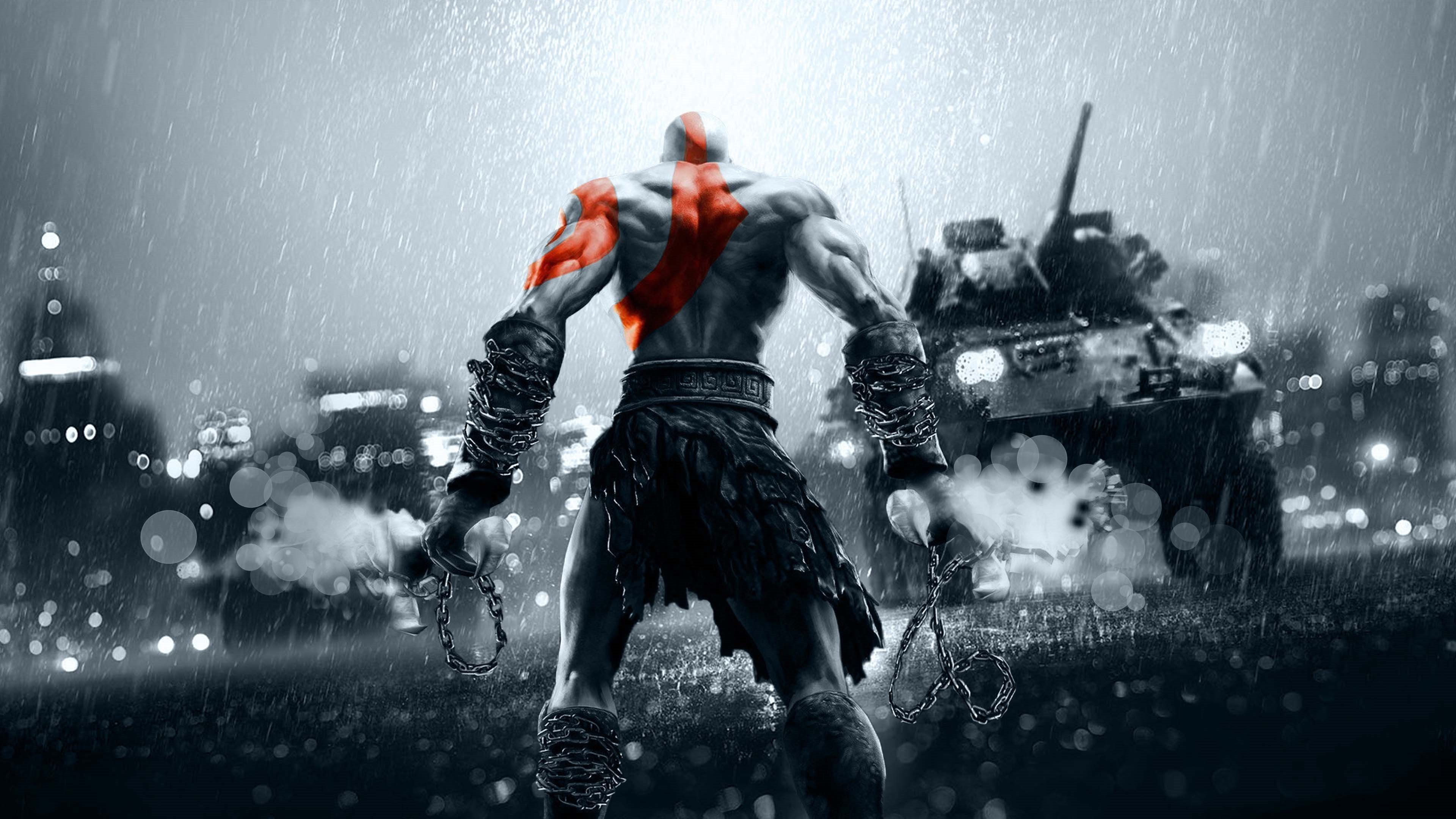 Kratos, God of War, Panzer, Regen, Krieg, 4K, Hintergrundbild für den PC