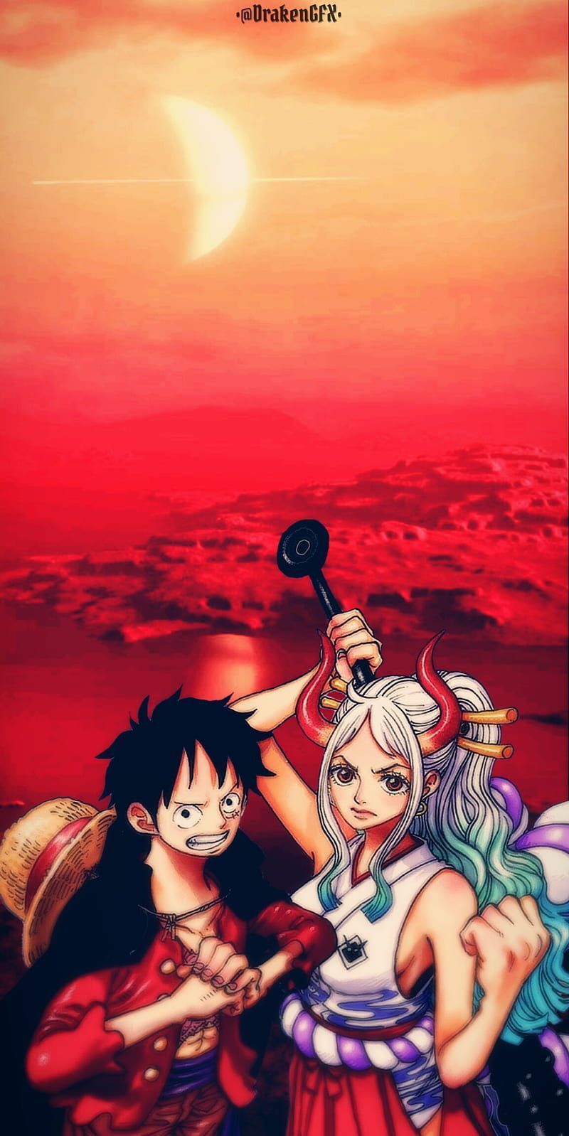 Monkey D. Ruffy, Yamato, One Piece, Wano Kuni, Roter Himmel, HD, iPhone-Hintergrundbild