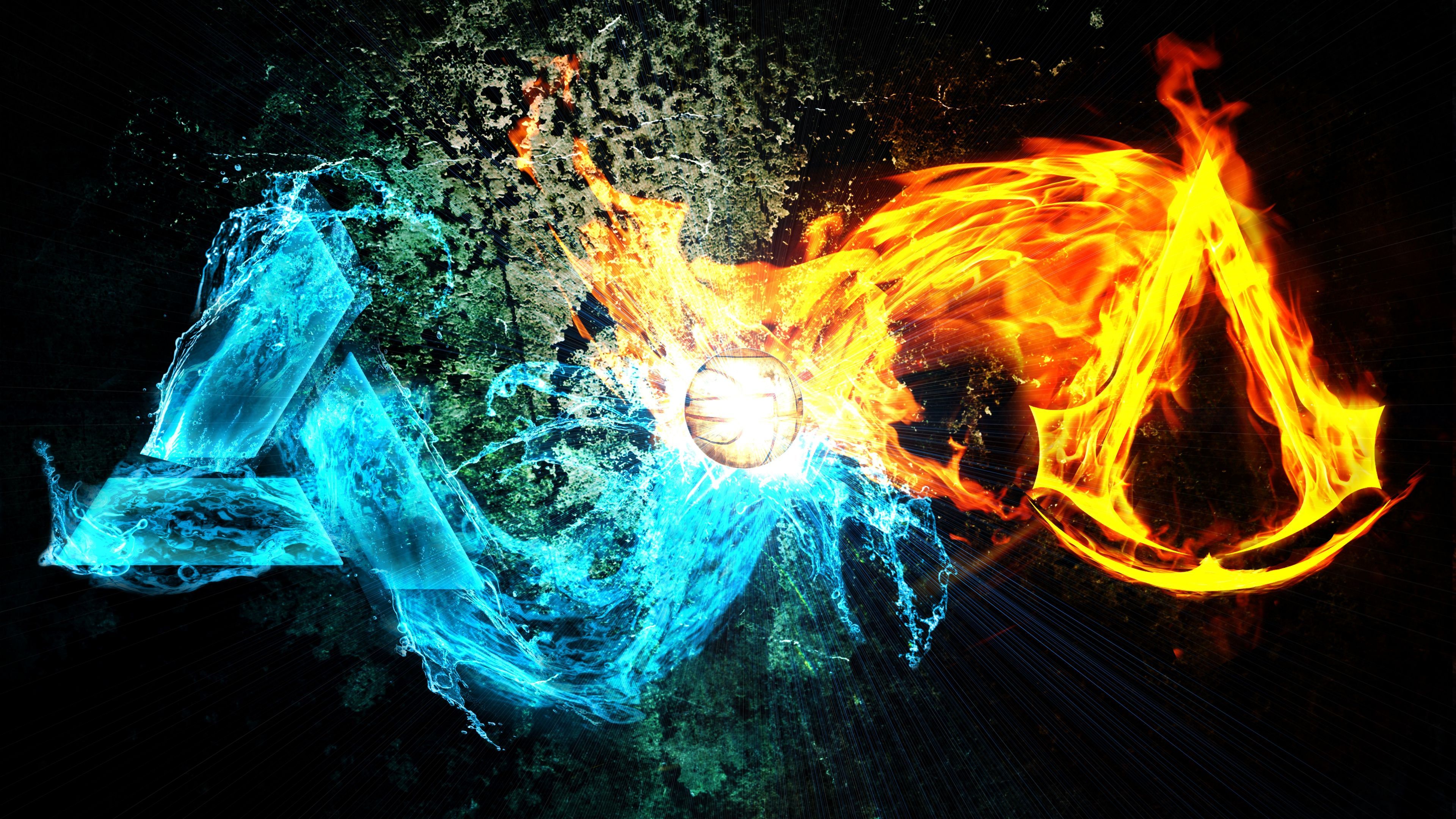 Assassin's Creed, Logo, Feuer, Eis, Splash-Art, 16:9, 4K-Hintergrundbild für den Desktop