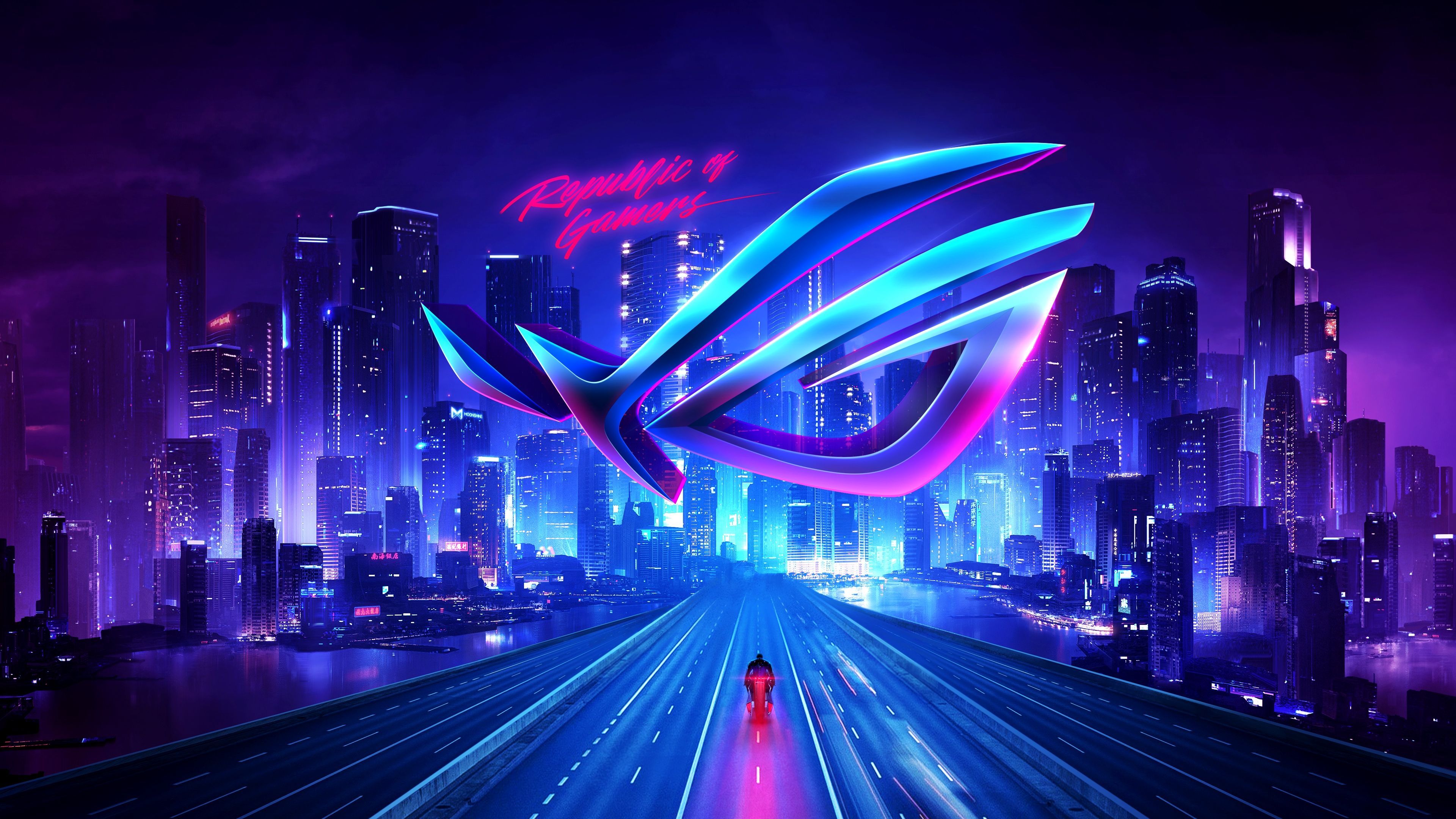 Republic of Gamers, ROG, Neonstadt, Synthwave, Lila, 4K, Desktop-Hintergrund für Windows
