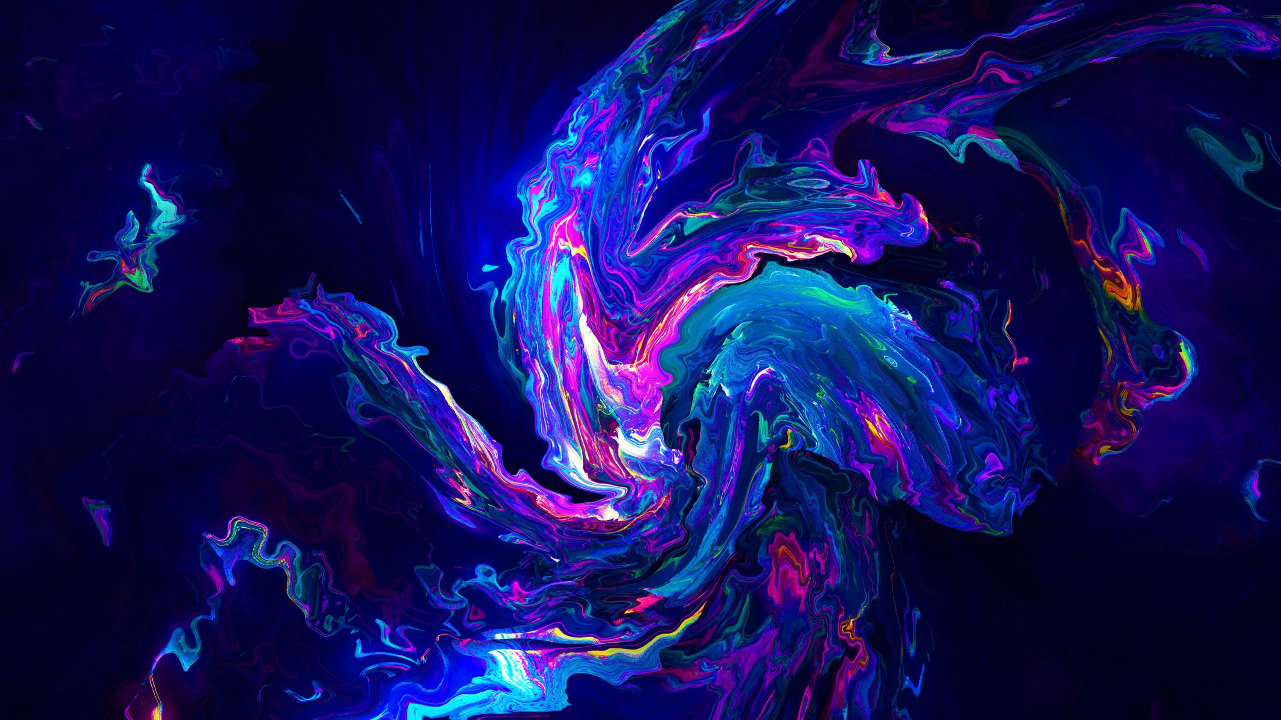 Flüssige Kunst, Wirbel, Neonfarben, Abstrakt, Blau, 2K, Hintergrundbild für den PC