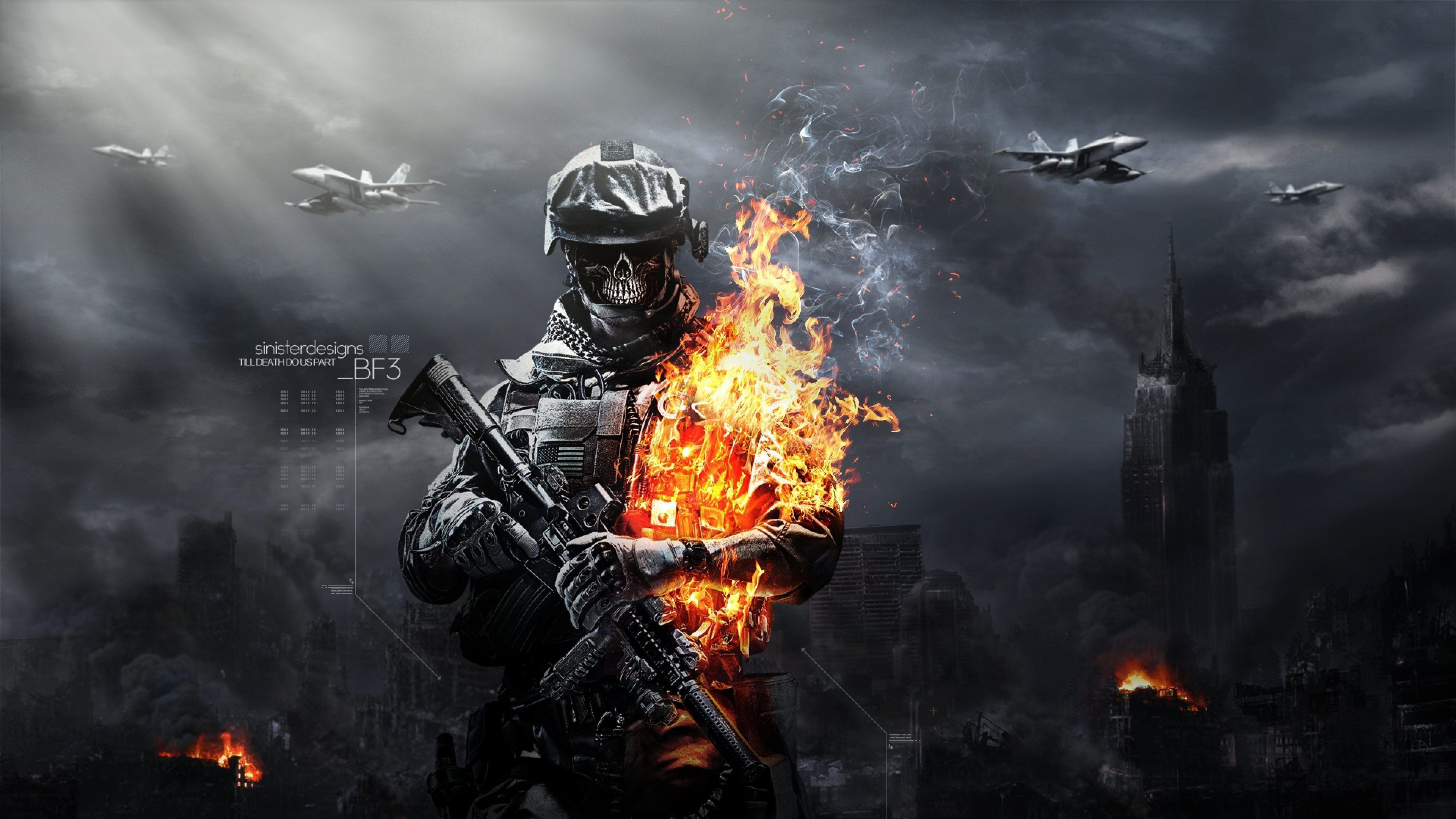 Soldat, Totenkopfmaske, Feuer, Kampfjets, Krieg, 3840x2160, 4K-Hintergrundbild für PC