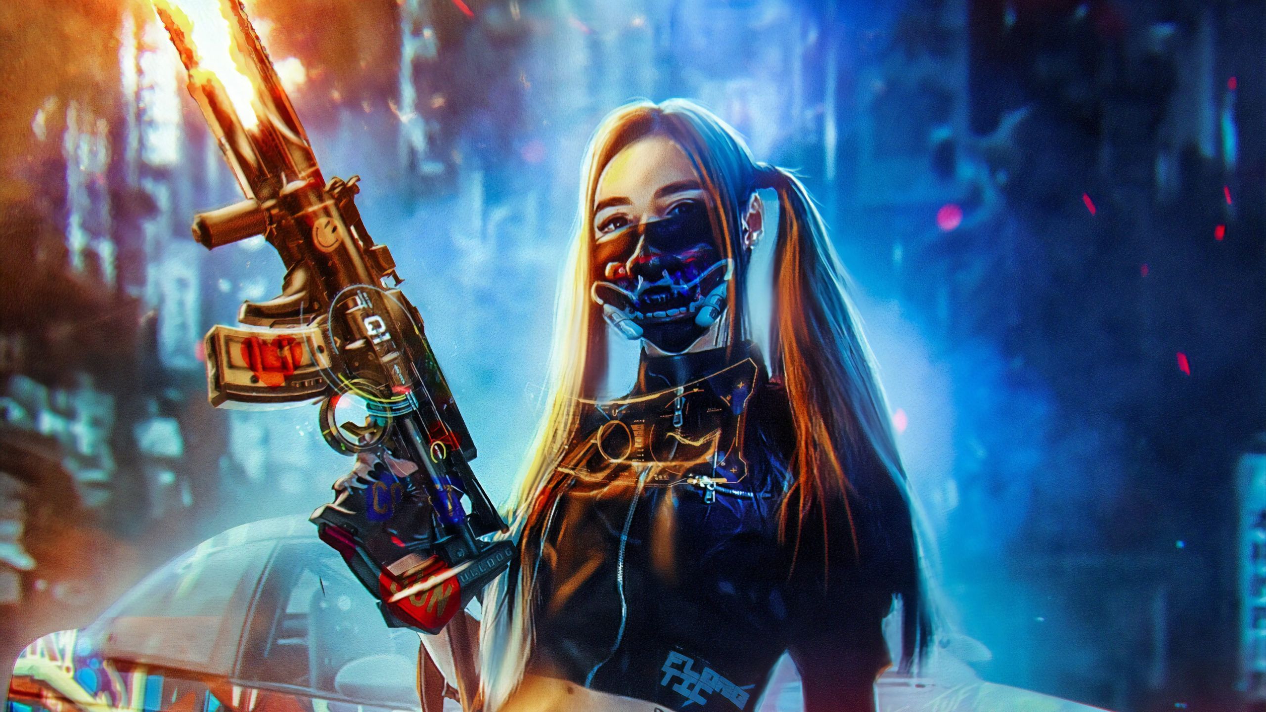 Cyberpunk, Frau, Gesichtsmaske, Sturmgewehr, Neonfarben, 2K, Windows-Hintergrundbild
