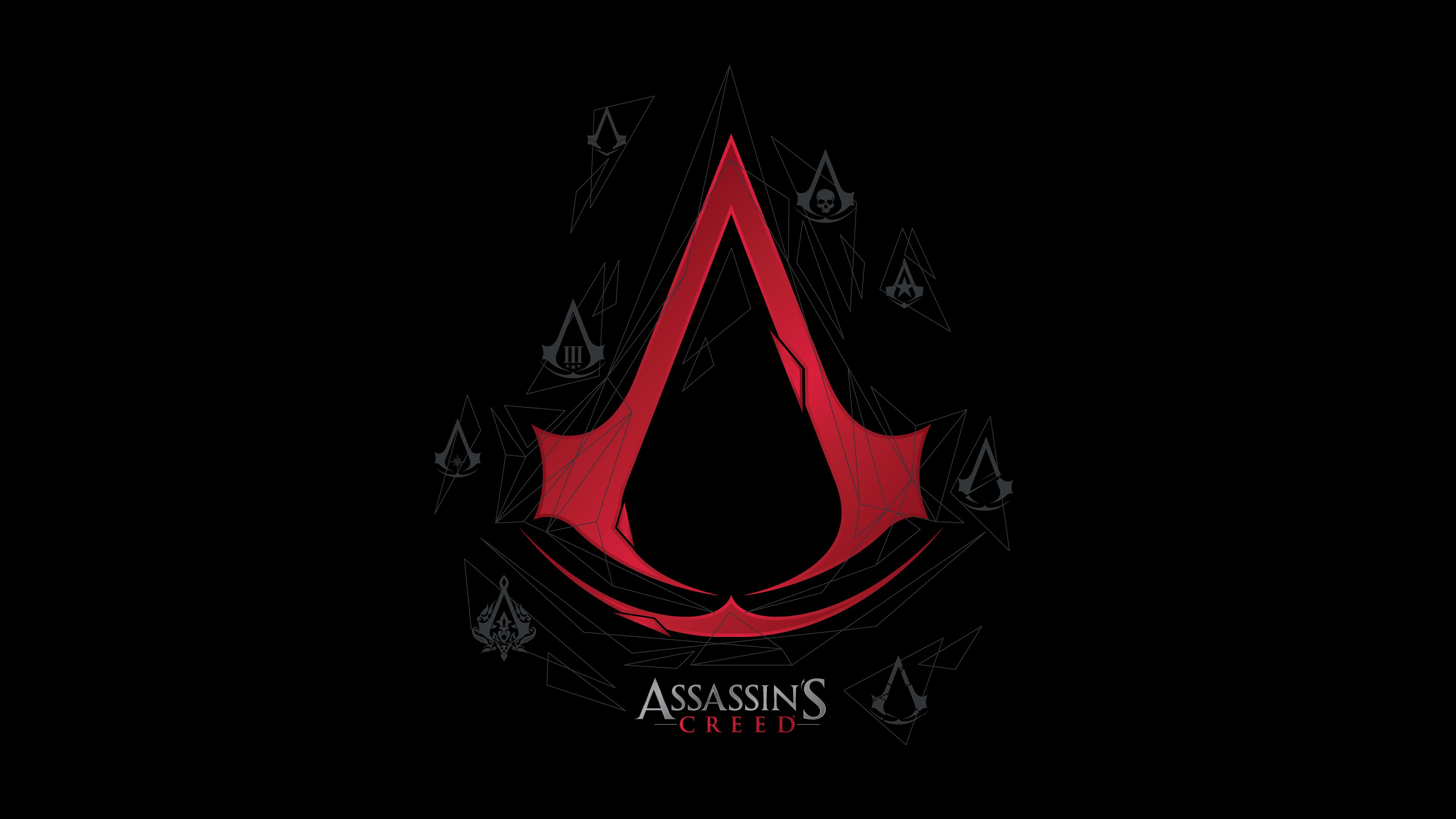 Assassin's Creed, Logo, Rot, Schwarzer Hintergrund, 4K Wallpaper