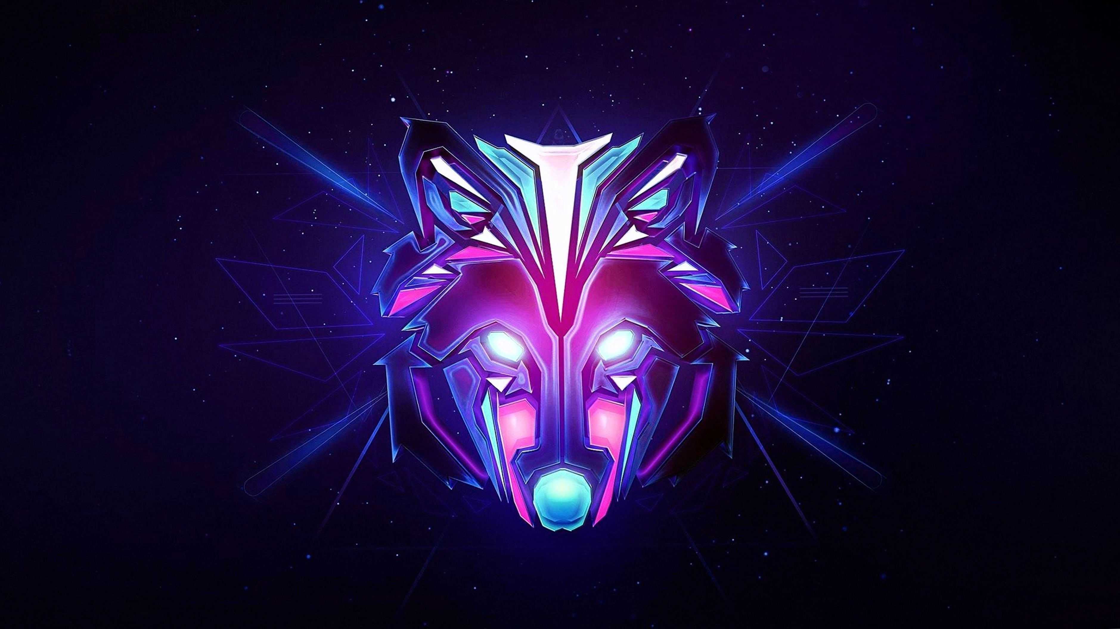 Wolf, Neon-Logo, Geometrisch, Lila, 16:9, 2K-Hintergrundbild für den Desktop
